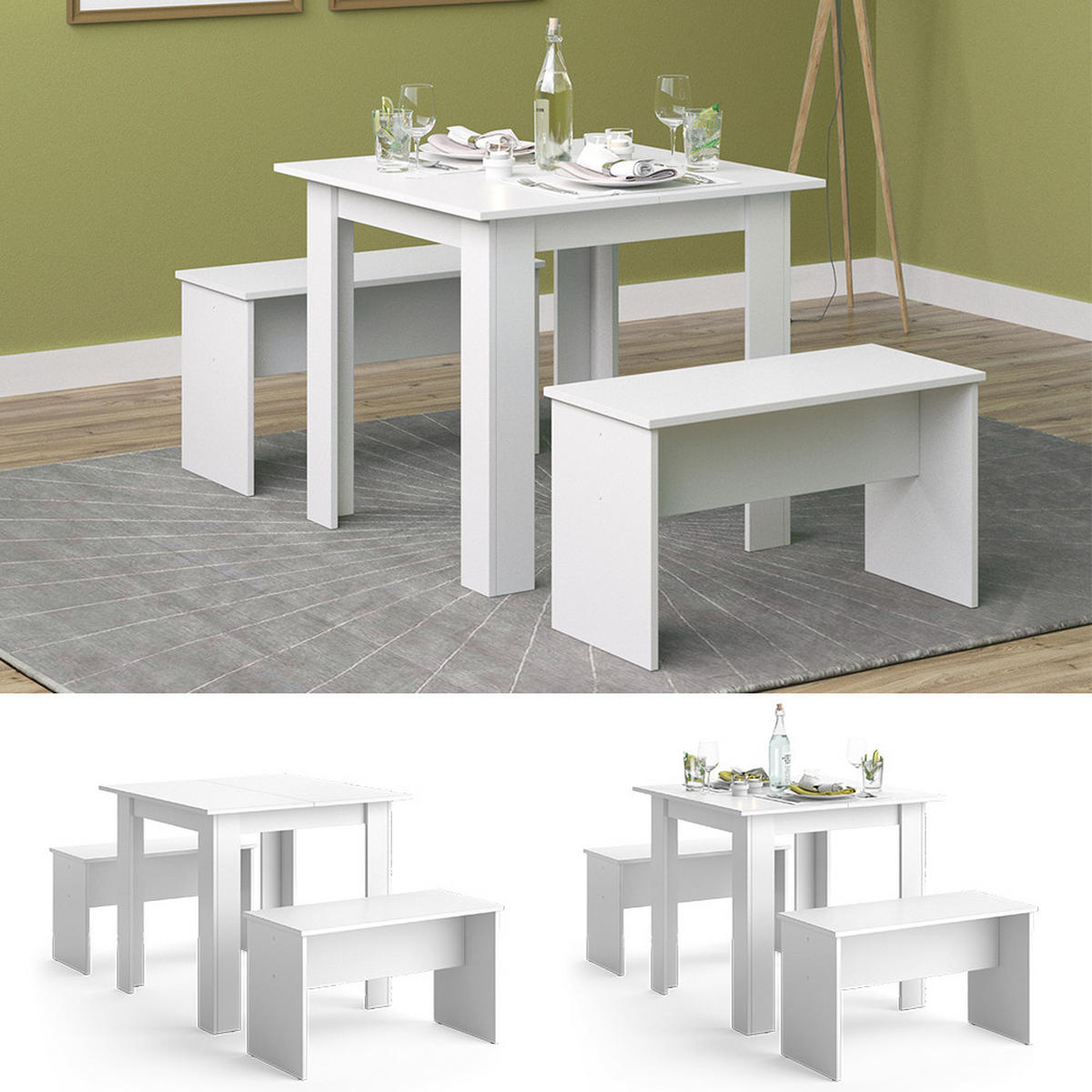 ESSTISCH SET Sentio Weiß 80 x 80 cm mit 2 Bänken - Weiß, Holzwerkstoff (80/73/80cm) - Vicco