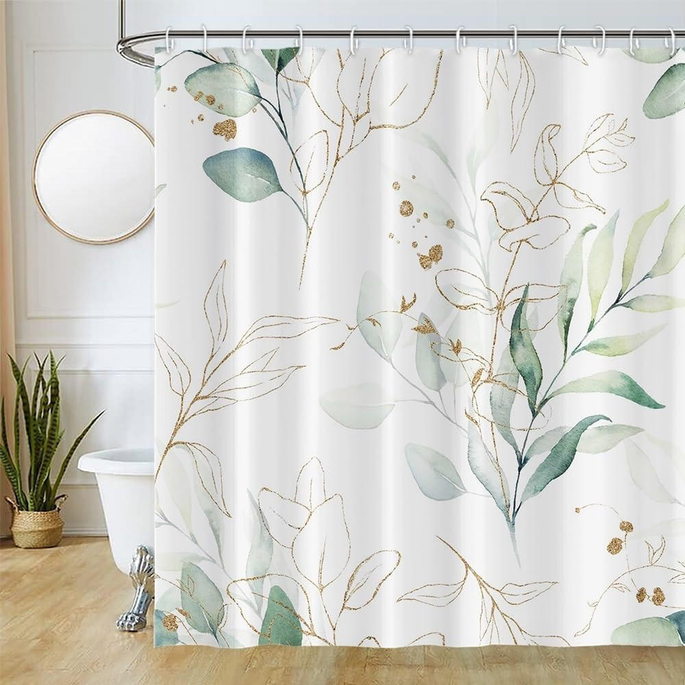 DUSCHVORHANG mit Blätter Grün Stoff waschbar Badezimmer Polyester wasserdicht mit Haken - Grün, Textil (200/180cm) - MCBOSON
