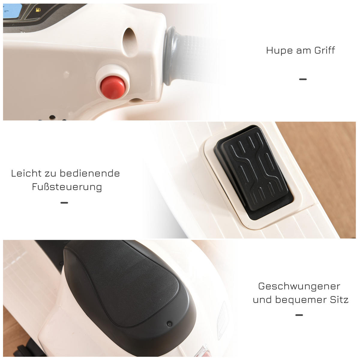 VESPA Elektromotorrad Kindermotorrad Elektrofahrzeuge 1,5 bis 3 Jahren Weiß - Weiß, Metall (66.5/38/52cm) - HOMCOM