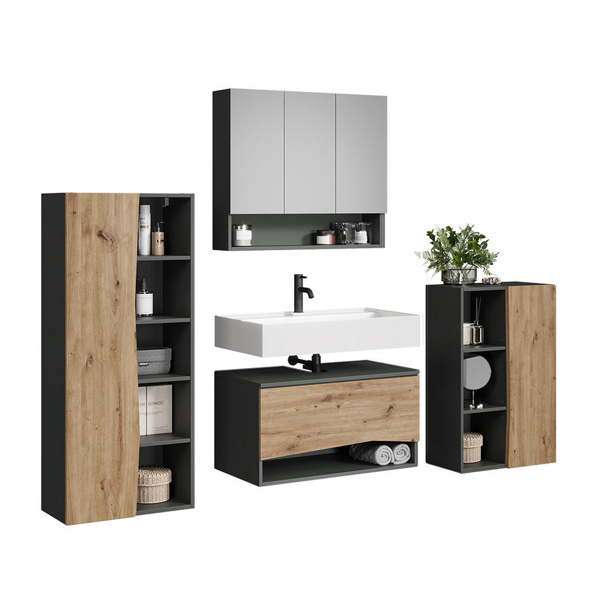 BADMÖBEL-SET Willow Artisan 4 Teile - Anthrazit/Hellgrau, Holzwerkstoff (80/42.8/43cm) - Vicco