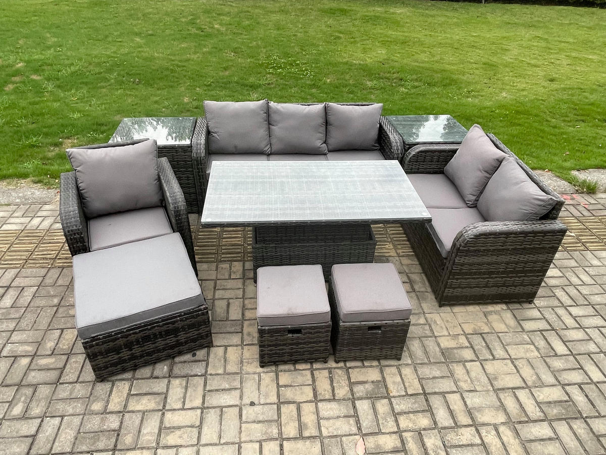 GARTENMÖBEL SET mit Höhenverstellbarer Esstisch 9-Sitzer Grau - Dunkelgrau/Grau, Glas/Kunststoff - Fimous