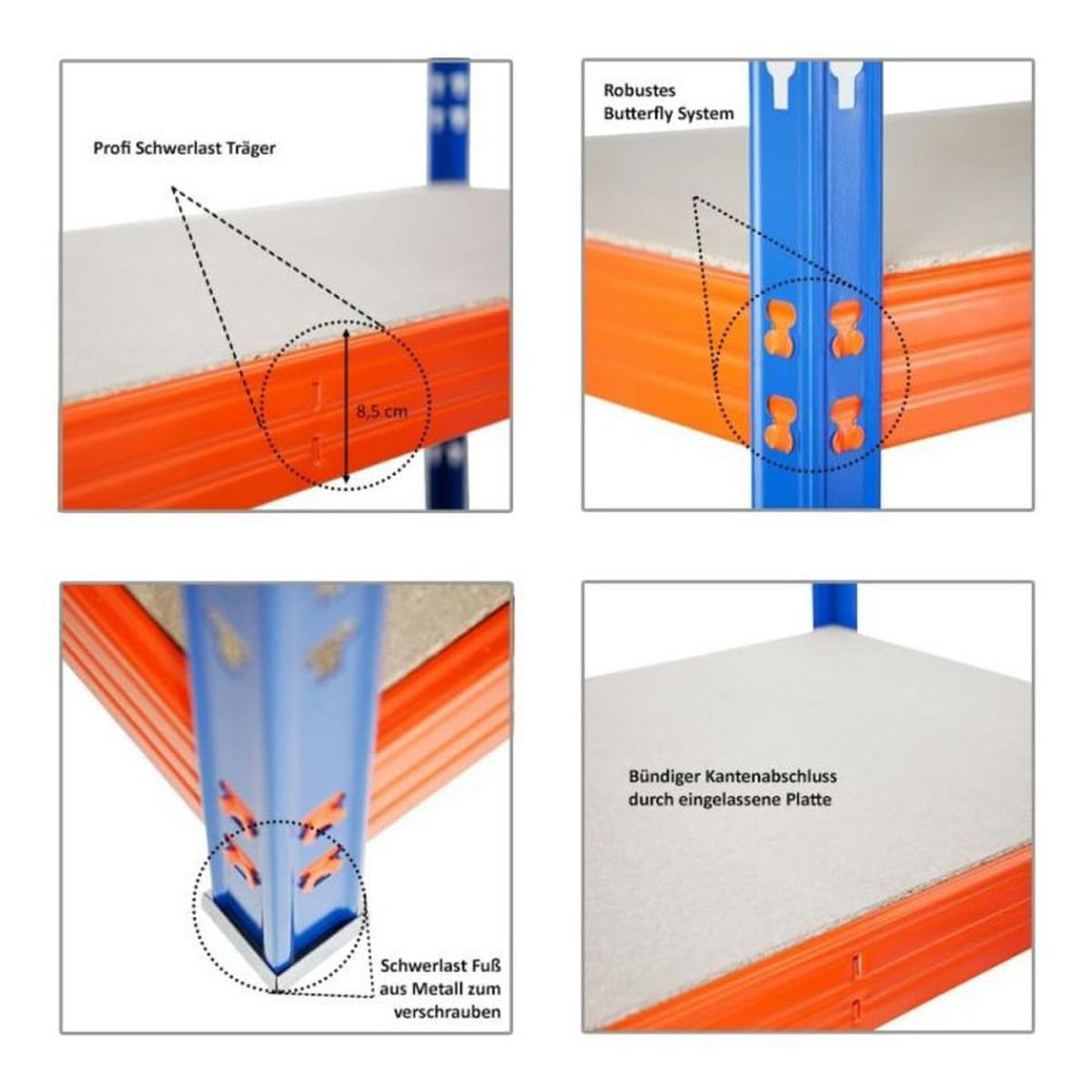 SCHWERLASTREGAL Rhino 180x240x60cm, 4 Spanplatten-Ebenen 8mm, Fachlast 450kg, Blau/Orange - Orange, Metall (240/180/60cm) - PROREGAL