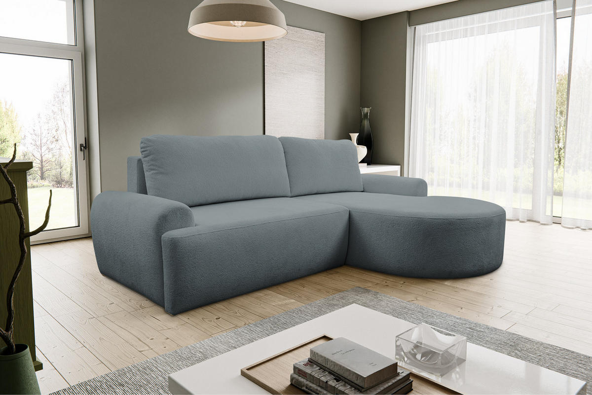 ECKSOFA Dream in L-Form mit Schlaffunktion und Bettkasten, Farbe: Grau, Bouclé-Stoff, Ottomane Rechts - Grau, Textil (260/136cm) - VENASI MÖBEL