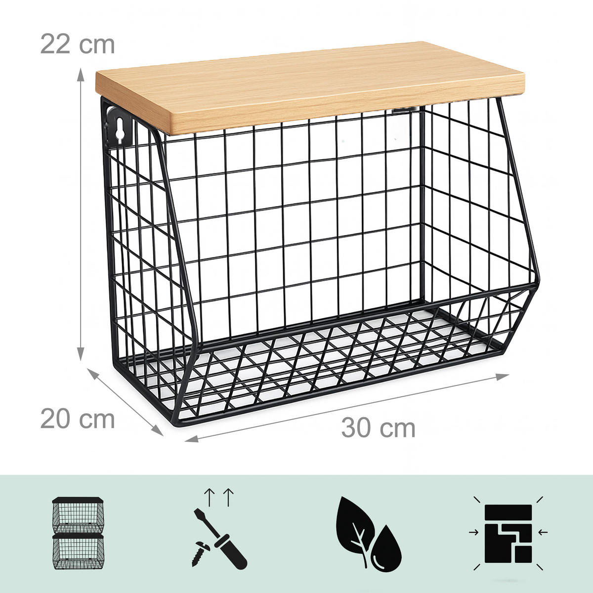 OBSTKORB Wandregal - Schwarz, Holzwerkstoff/Metall (30cm) - Relaxdays