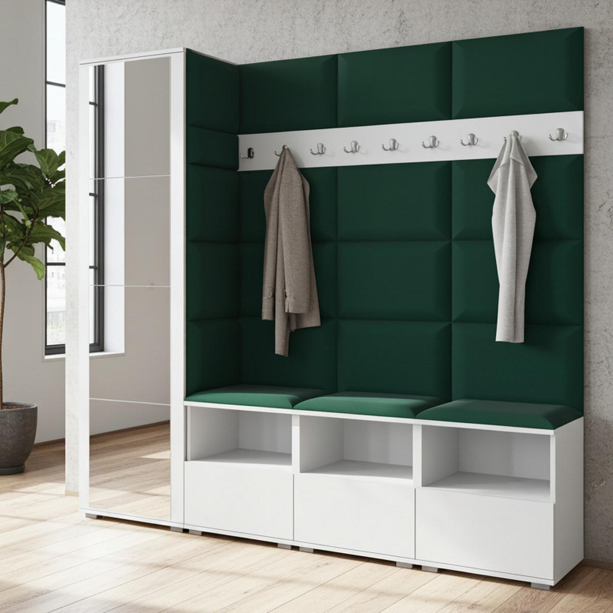 GARDEROBE NELA IX 200 cm (Modulare Flurmöbel Weiß mit Spiegel & Sitzpolster Flaschengrün 28 Breite Sitzbank) - Dunkelgrün/Silberfarben, Holz/Holzwerkstoff (200/187/40cm) - Ravio