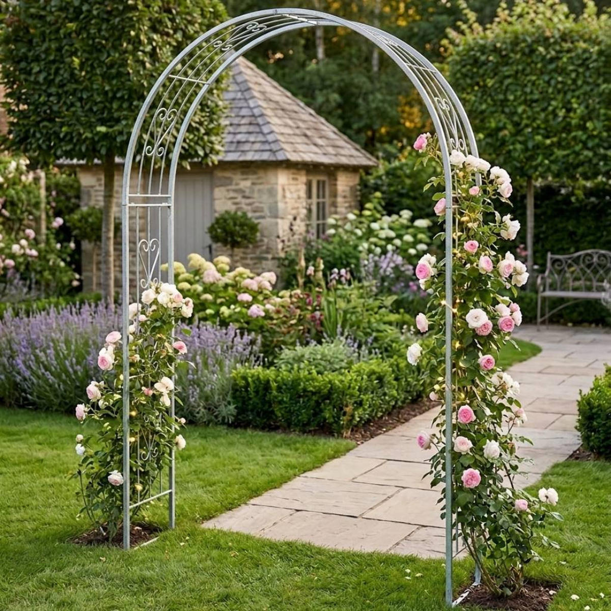 DANDIBO Rosenbogen Verzinkt Massiv 150 cm Torbogen 96520 Wetterfest Rundbogen Volleisen Rankhilfe Gartenbogen Feuerverzinkt - Grau, Metall (150/222/34cm) - DanDiBo