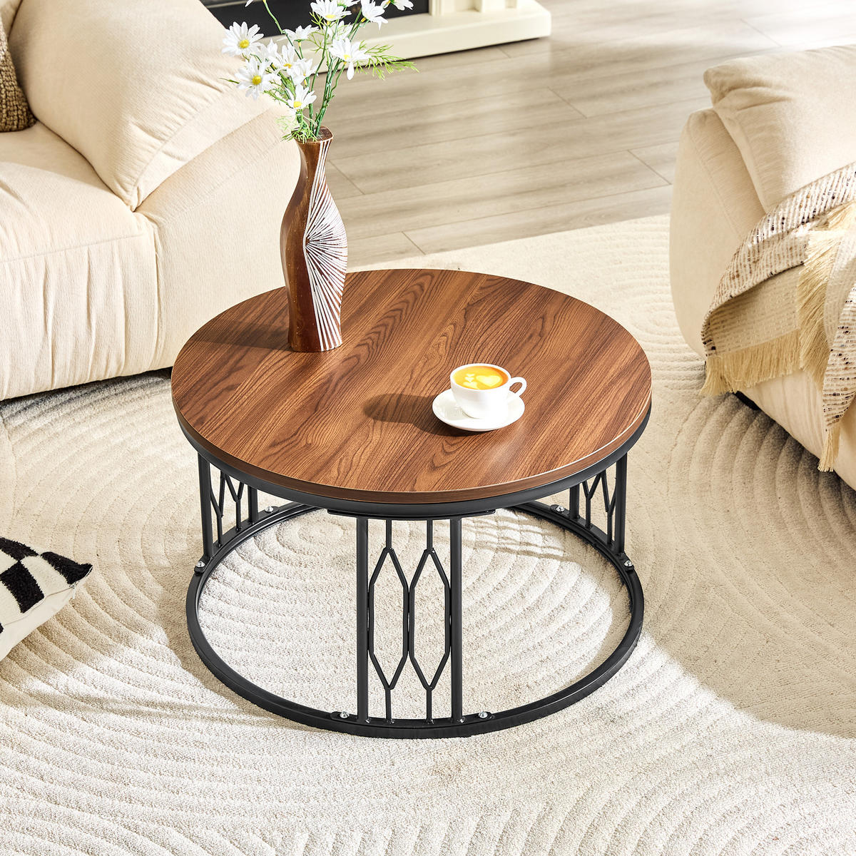 COUCHTISCH DE-37365 rund mit Holzoptik Walnuss - Walnussfarben, Metall (70/70/40.5cm) - ComfortXL