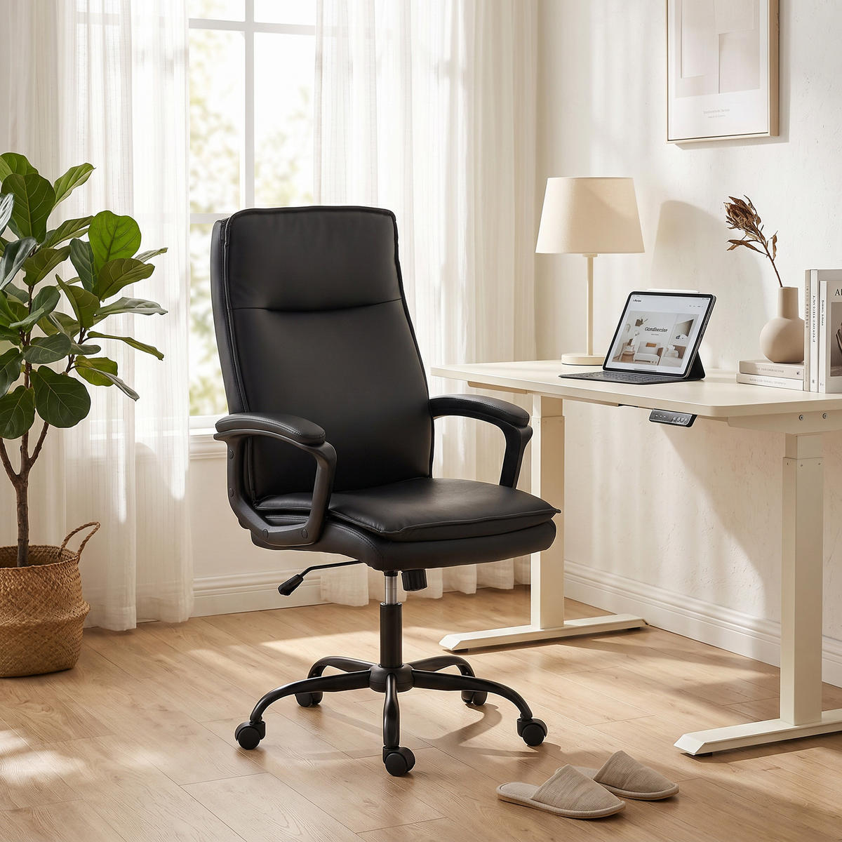 BÜROSTUHL Schwarz, Höhenverstellbar, Drehbar 360°, 85/55/55 cm - Schwarz, Metall (70/119/66cm) - PANGIVO