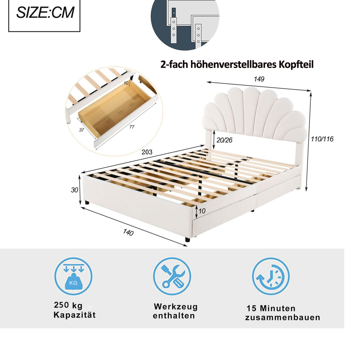 POLSTERBETT 140/200 cm aus Samt mit blütenförmigem Kopfteil und 4 Schubladen Beige - Beige, Textil (140/200cm) - Modenvie