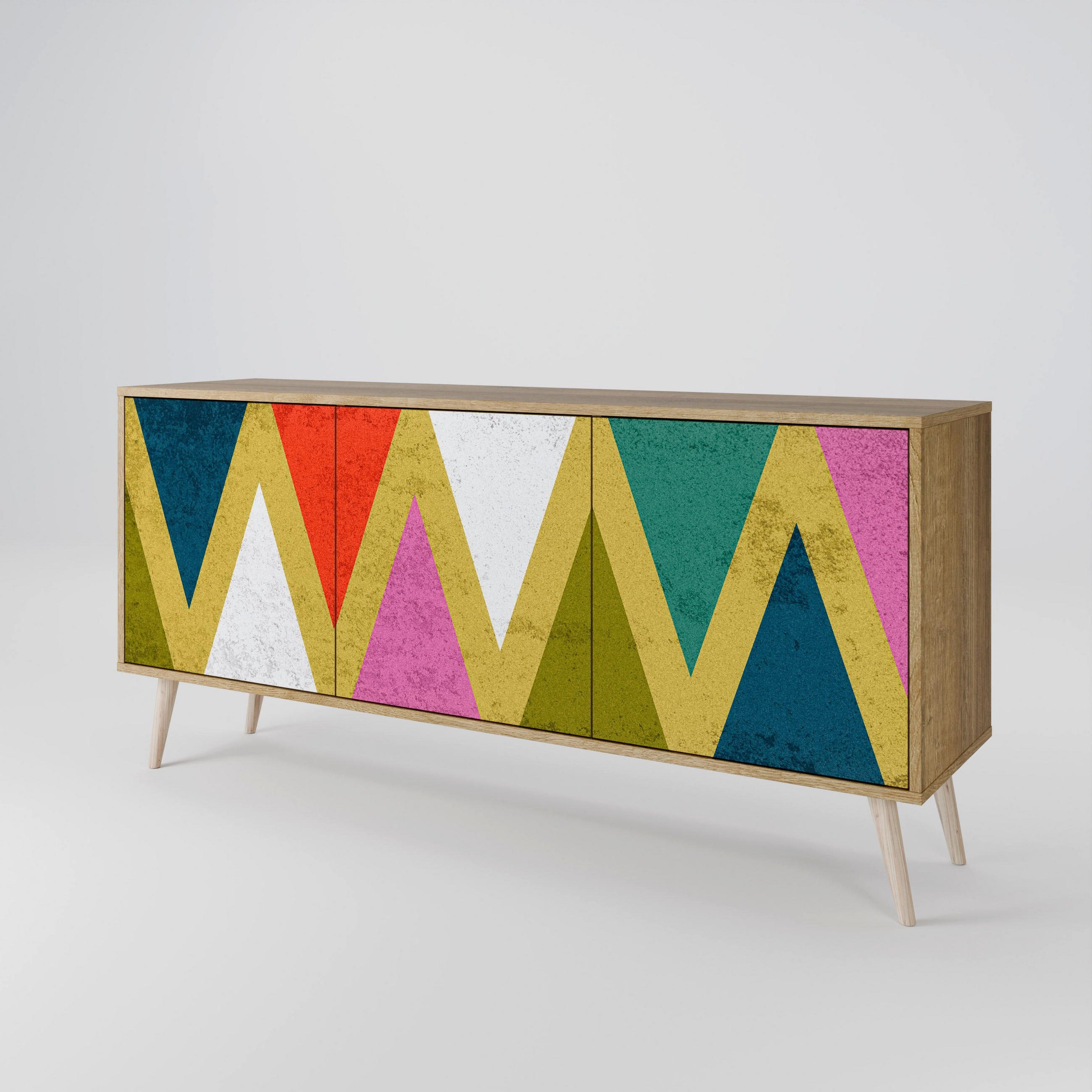 SIDEBOARD COLORFUL TRIANGLES, Eicheneffekt, 164,5x42x77,5 cm, 3 Türen - Eichefarben/Buchefarben, Holzwerkstoff/Buchenholz (164.5/77.5/42cm) - SpaceRebels