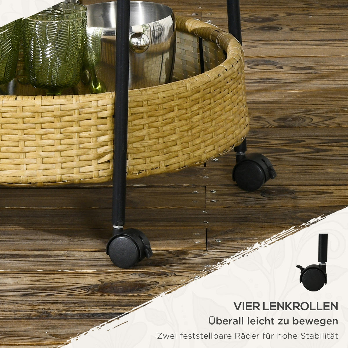 KÜCHENWAGEN 2 ETAGEN, Outdoor Barwagen mit Rollen, Polyrattan Natur - Gelb, Holzwerkstoff (50/66/50cm) - Rolipo