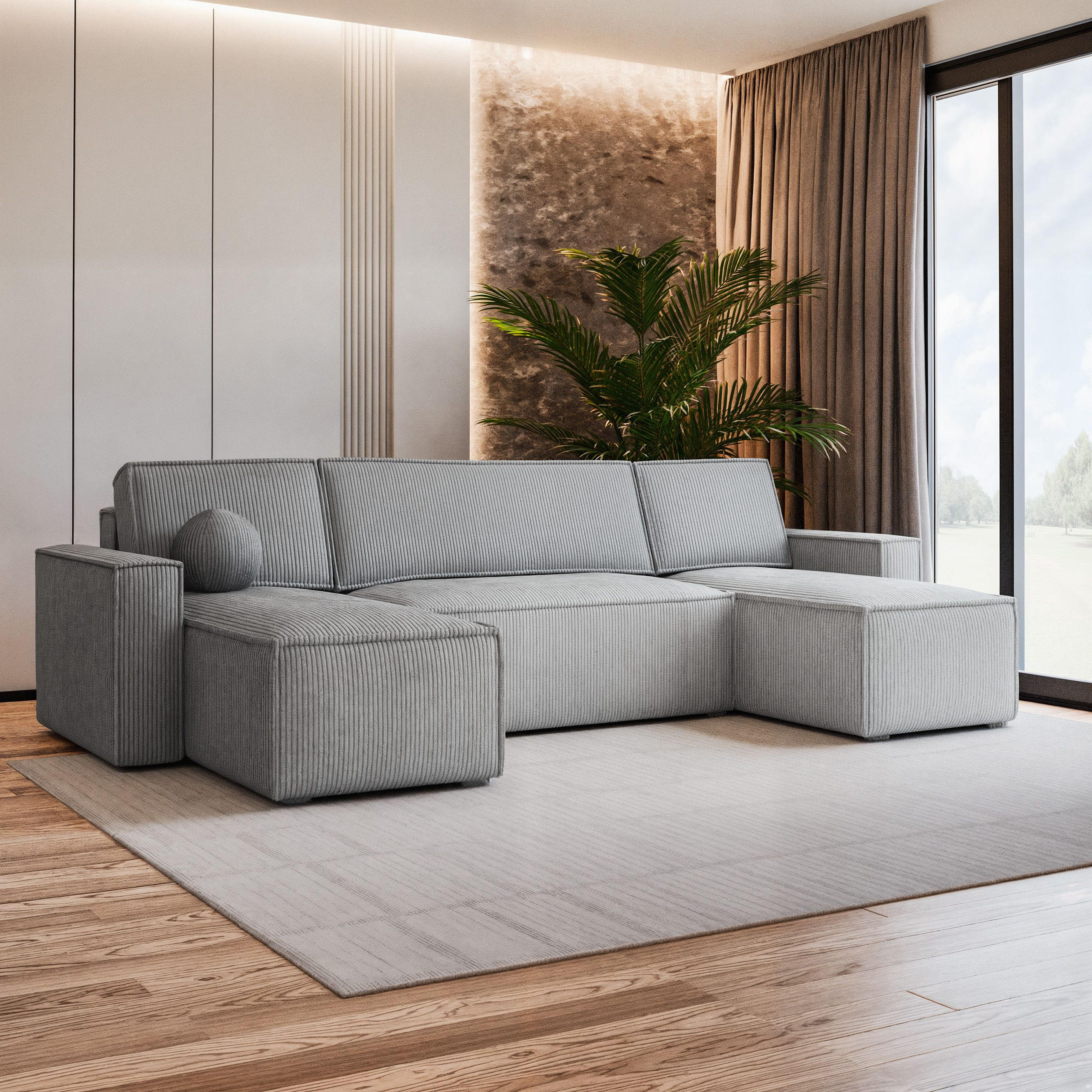 WOHNLANDSCHAFT PESANO P Hellgrau Kordstoff mit Schlaffunktion - Hellgrau, Holz (306/85/140cm) - MASSENO