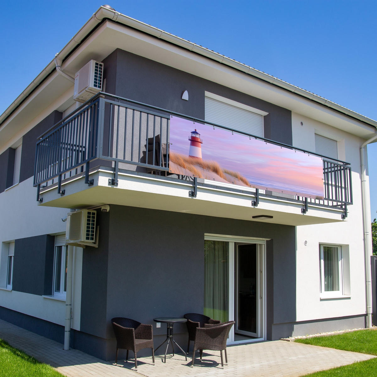 BALKON-SICHTSCHUTZ Leuchtturm - Dünen - Sonnenuntergang 300x95 cm - Hellrosa, Kunststoff (300/95cm) - MuchoWow