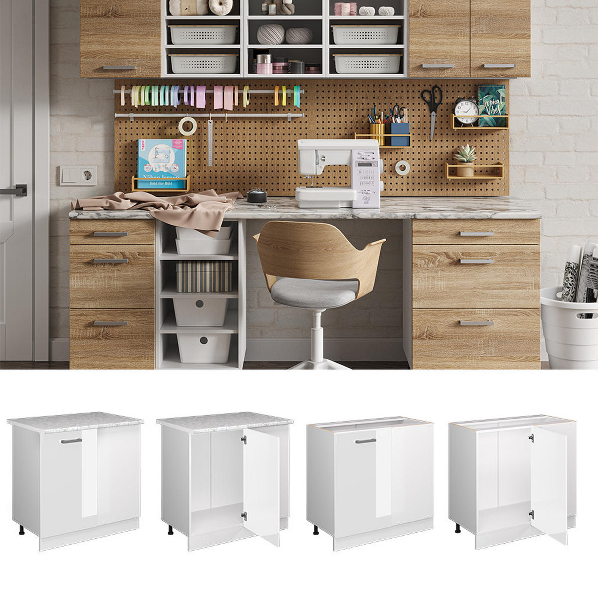 ECKSCHRANK FÜR HAUSRAT R-Line Weiß Hochglanz 86 cm mit Tür, mit Arbeitsplatte - Weiß Hochglanz/Weiß, Holzwerkstoff (86/81.6/60cm) - Vicco