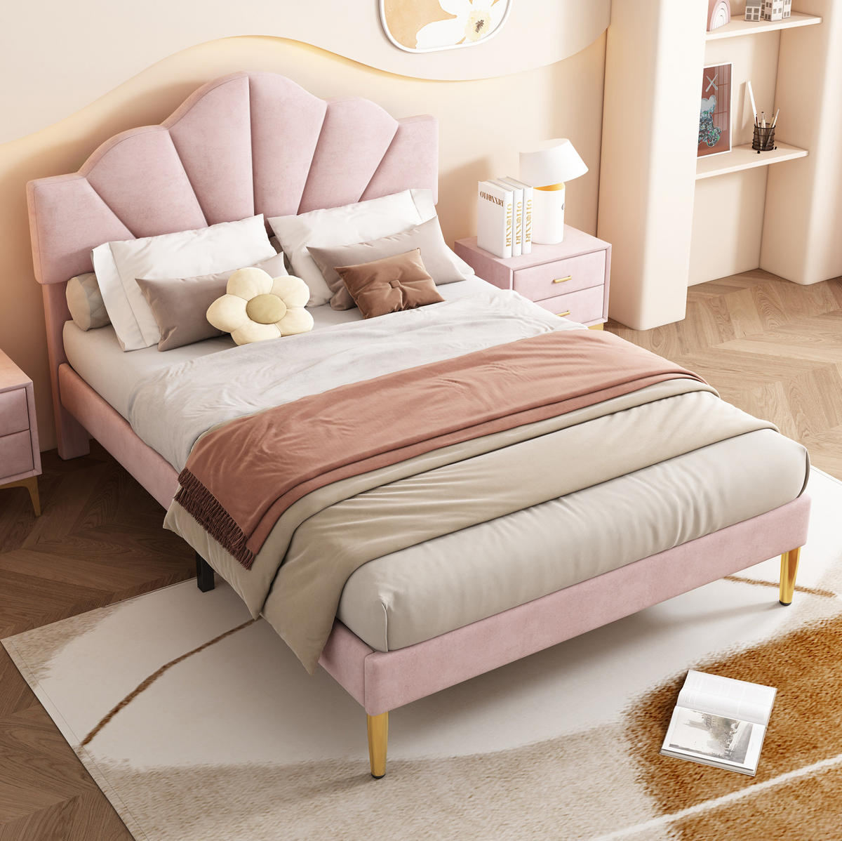 KINDERBETT aus Samt 140x190 cm Rosa mit höhenverstellbarem Kopfteil, Lattenrost und muschelförmigem Design - Rosa, Textil (140/190cm) - Modfu