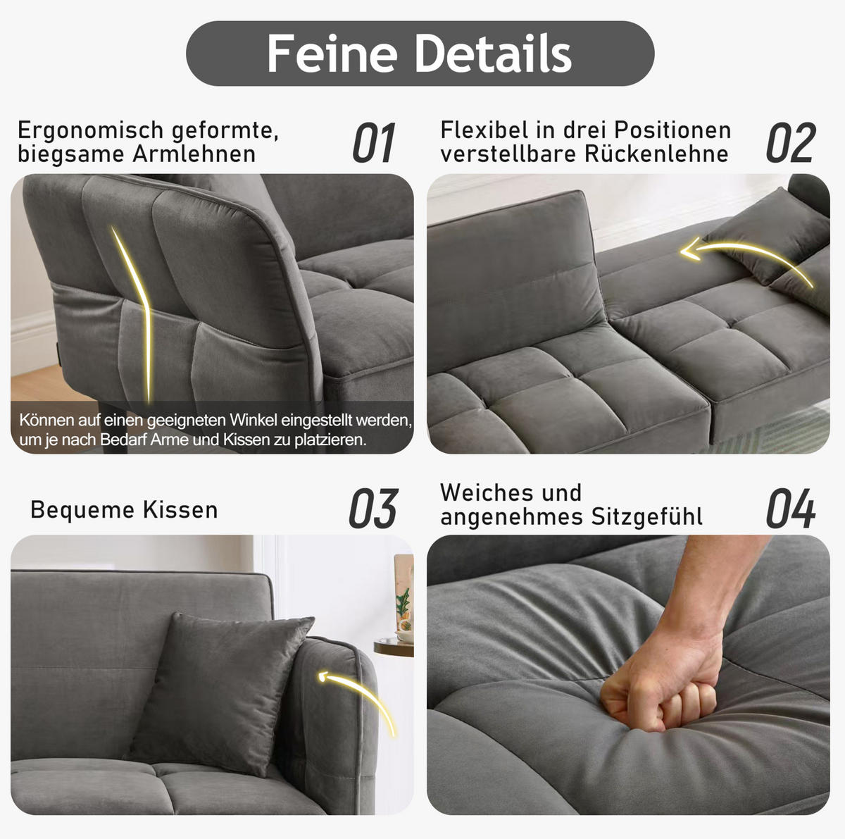 SCHLAFSOFA aus Samt Antikgrau mit verstellbaren Rückenlehnen, klappbaren Armlehnen und Schlaffunktion - Alteiche, Kunststoff (176/76/78cm) - Modfu