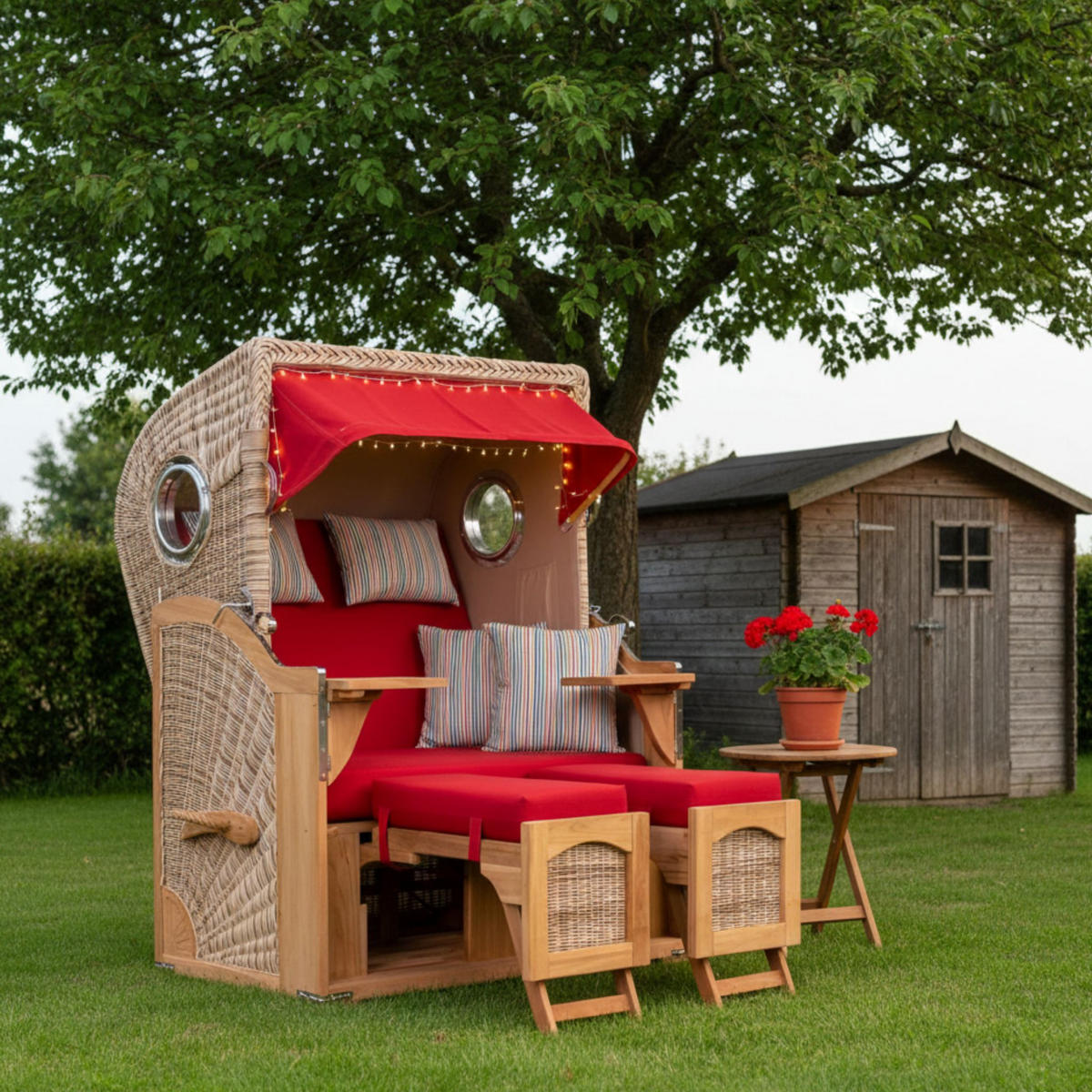 STRANDKORB Düne 2-Sitzer Teak Shell - Rot/Braun, Holz/Metall (125/170/80cm) - Mr. Deko