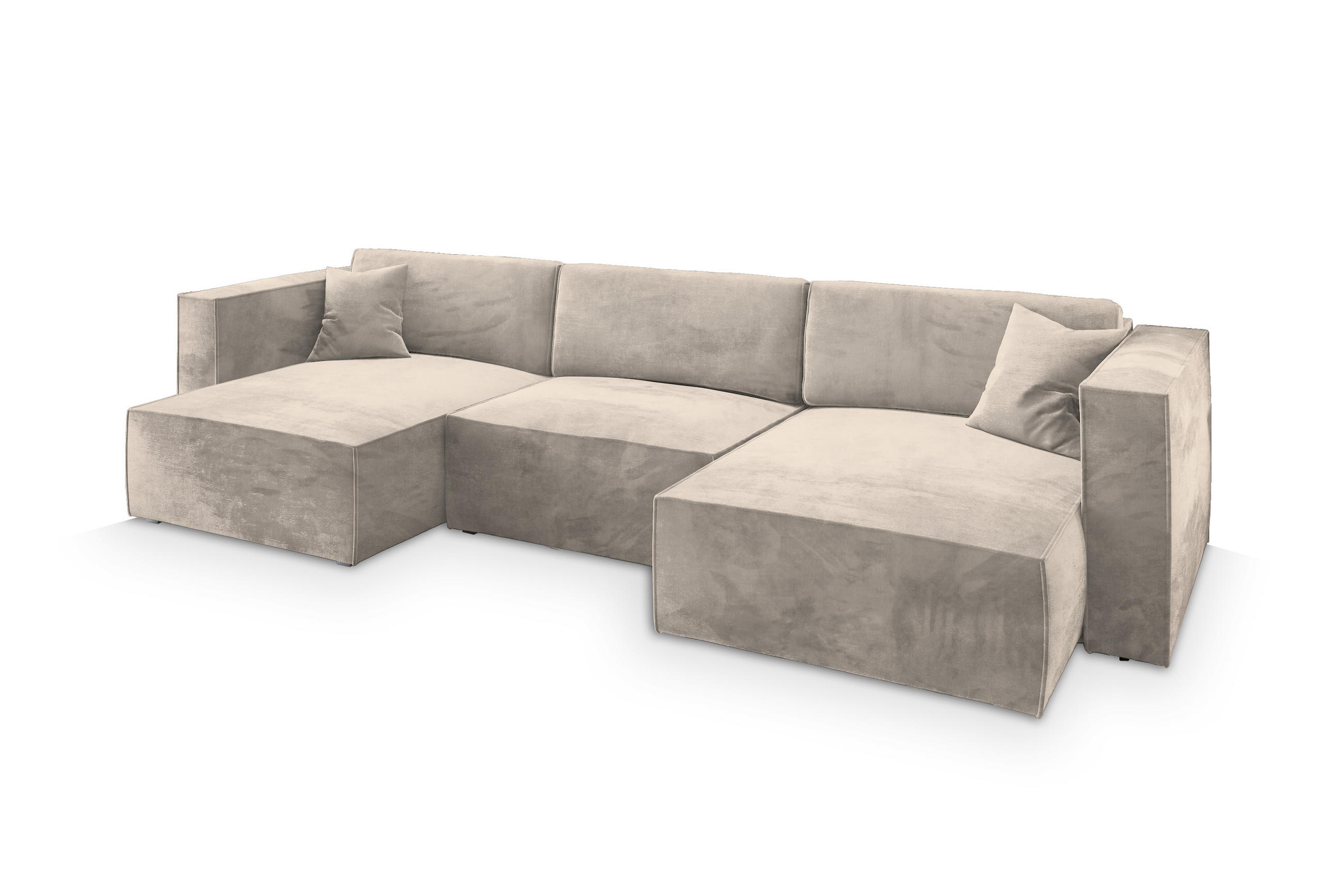 WOHNLANDSCHAFT SARMO M Creme Velours-Stoff mit Schlaffunktion - Creme, Holz (347/70/148cm) - MASSENO