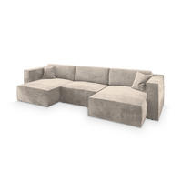WOHNLANDSCHAFT SARMO M Creme Velours-Stoff mit Schlaffunktion - Creme, Holz (347/70/148cm) - MASSENO