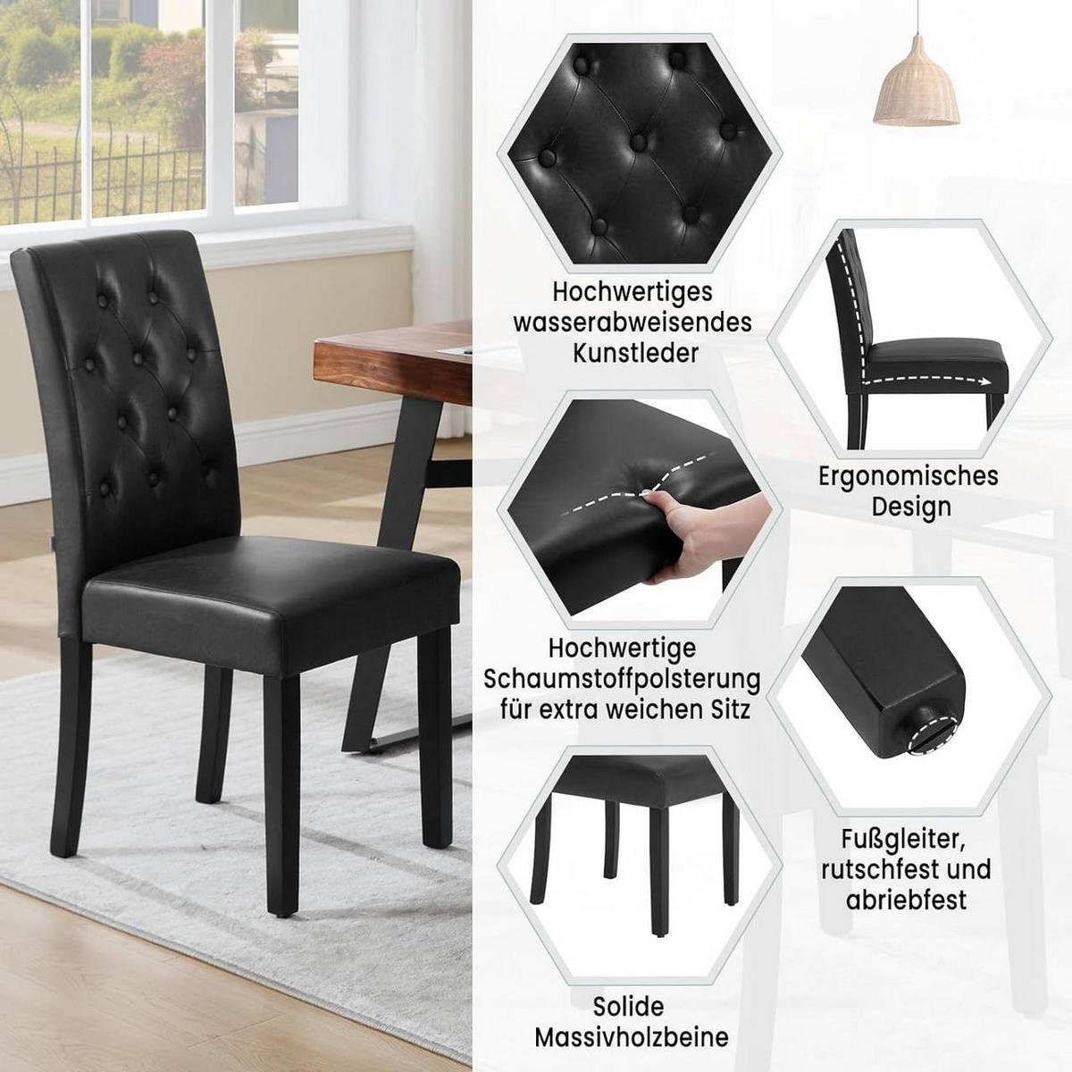 ESSZIMMERSTUHL 2er Set, Kunstleder, Holzbeinen, Schwarz - Schwarz, Holz/Kunststoff (44/99/59cm) - Woltu