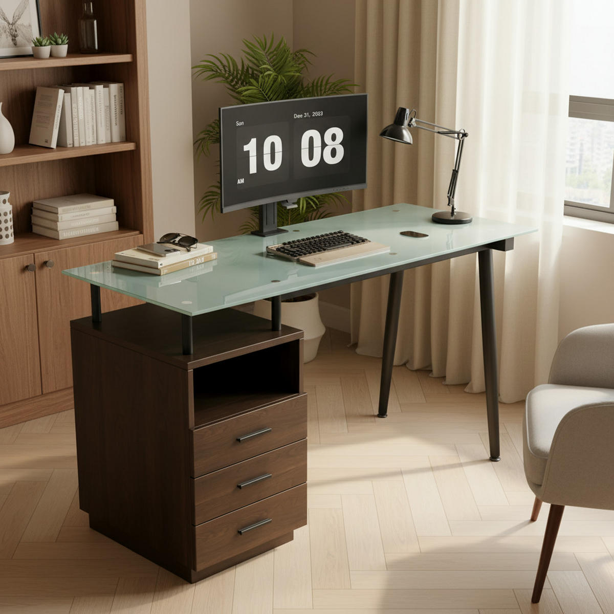 SCHREIBTISCH Braun 130/50/75 cm mit Glasplatte 3 Schubladen und offenem Fach - Braun, Metall (50/130/75cm) - PANGIVO