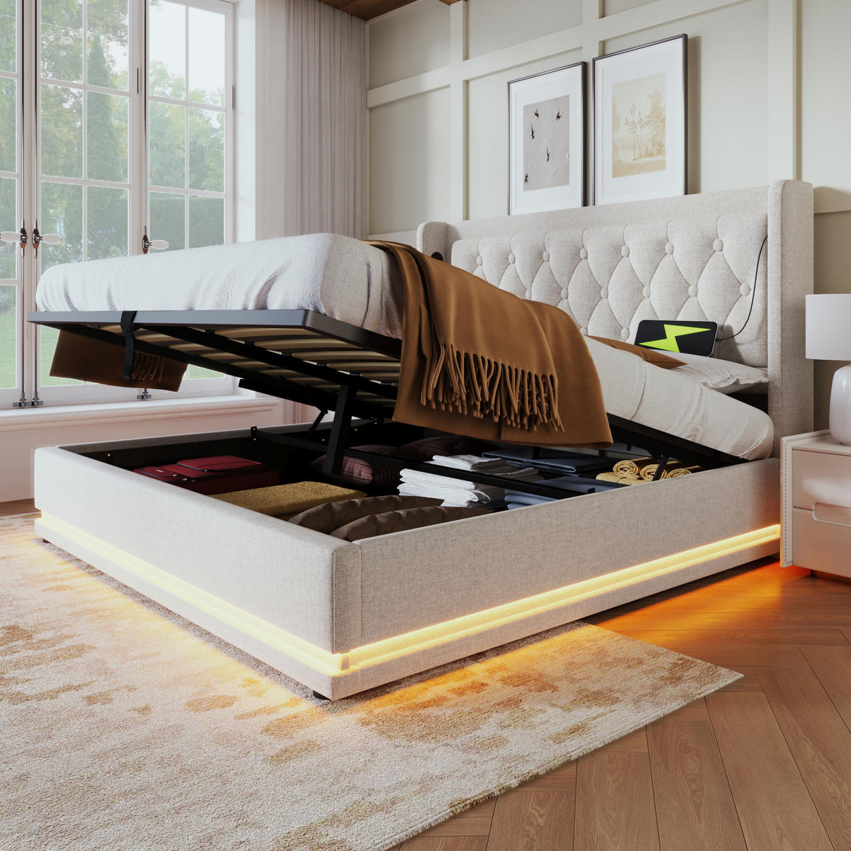 POLSTERBETT mit Bettkasten 140/200 cm Beige mit LED, USB-C und gepolstertem Kopfteil - Beige, Textil (140/200cm) - BEAOK