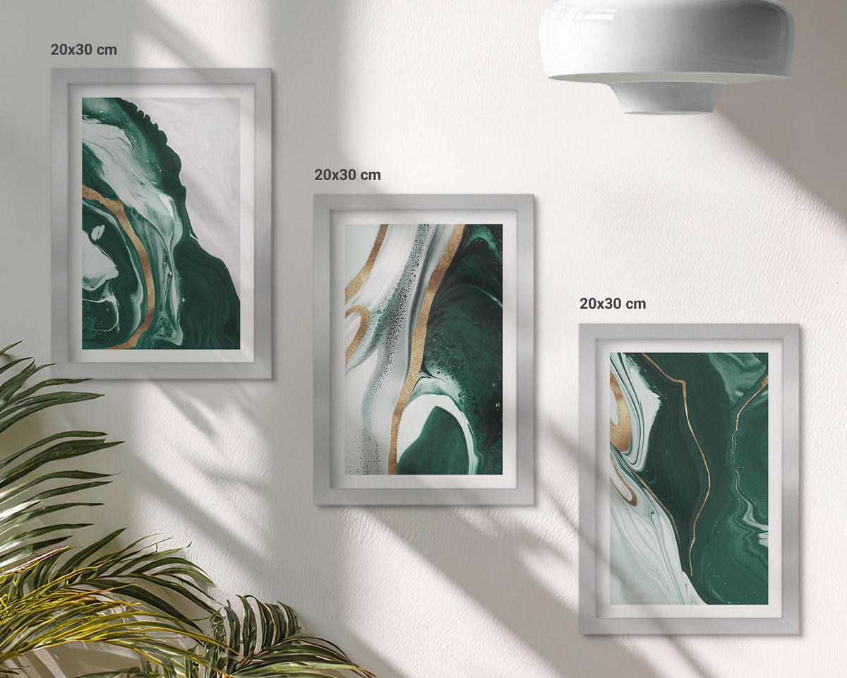 BILDER SET 3er Set - 20x30 cm Silberner Rahmen - Abstrakte grüne Farbmuster - Silberfarben, Kunststoff (20/30cm) - TULUP