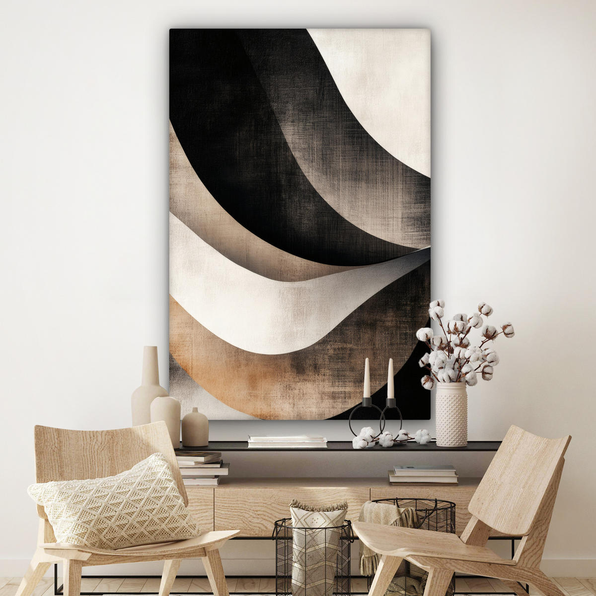 SLIKA NA PLATNU Abstraktno 90x140 cm - barva hrasta tartuf, tekstil (90/140cm) - MuchoWow