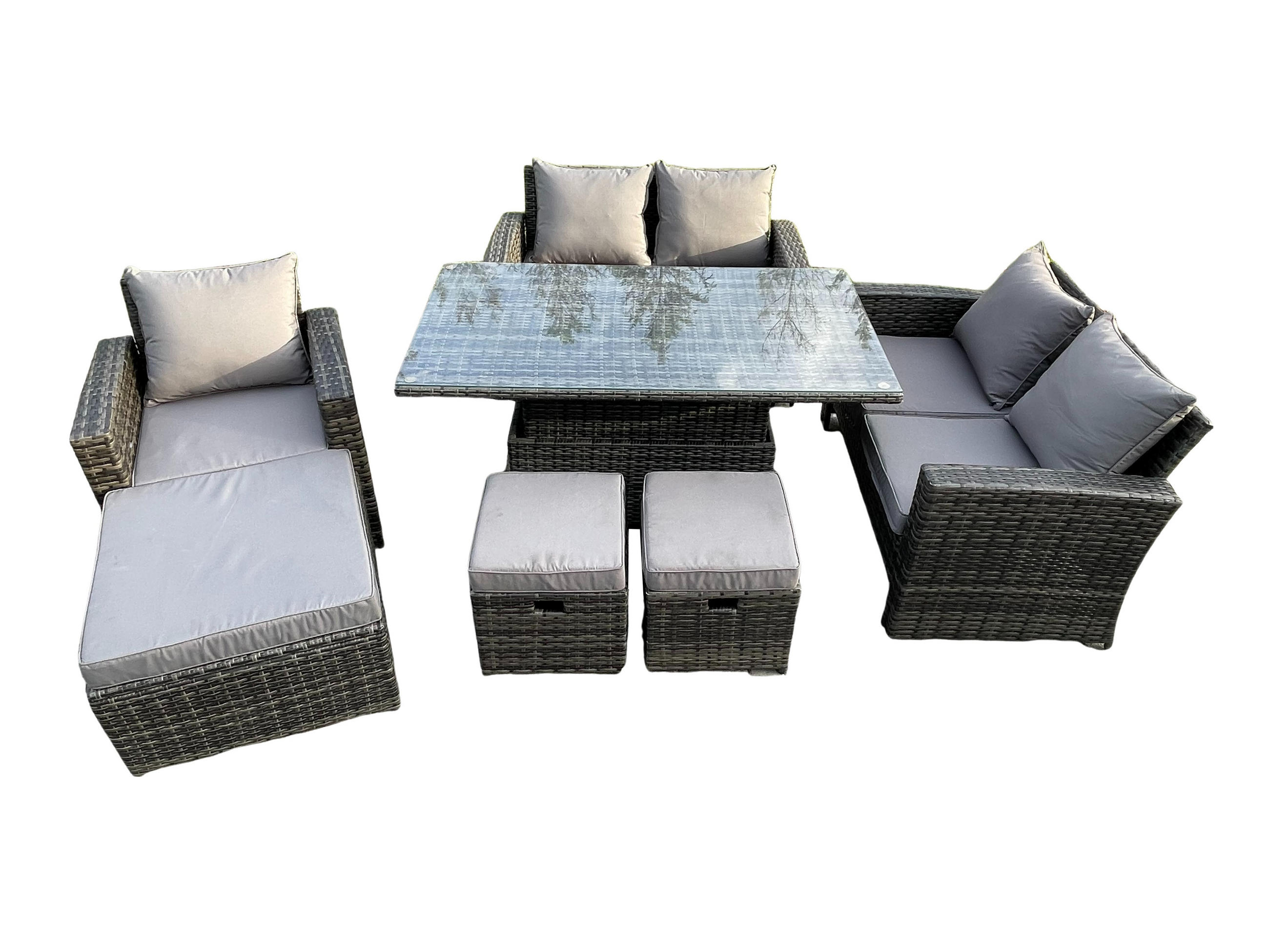 GARTENMÖBEL-SET SOFA HÖHENVERSTELLBARER ESSTISCH 3 HOCKER Polyrattan Dunkelgrau Gemischt 8-Sitzer - Dunkelgrau, Metall - Fimous