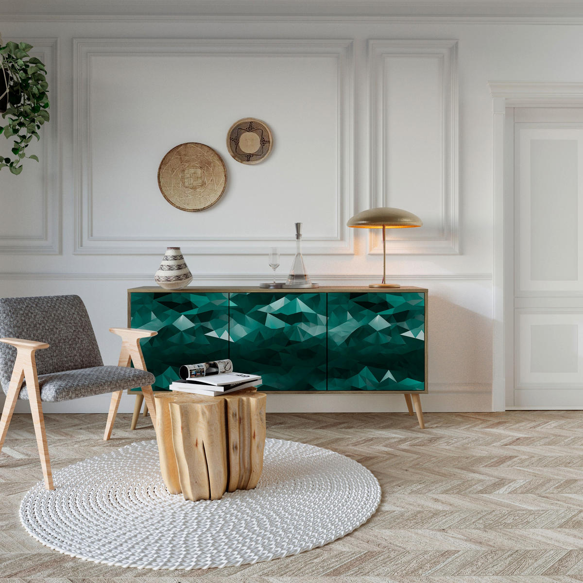 SIDEBOARD POLYGONAL FLOATING, Eicheneffekt, 164,5x42x77,5 cm, 3 Türen - Eichefarben/Buchefarben, Holzwerkstoff/Buchenholz (164.5/77.5/42cm) - SpaceRebels
