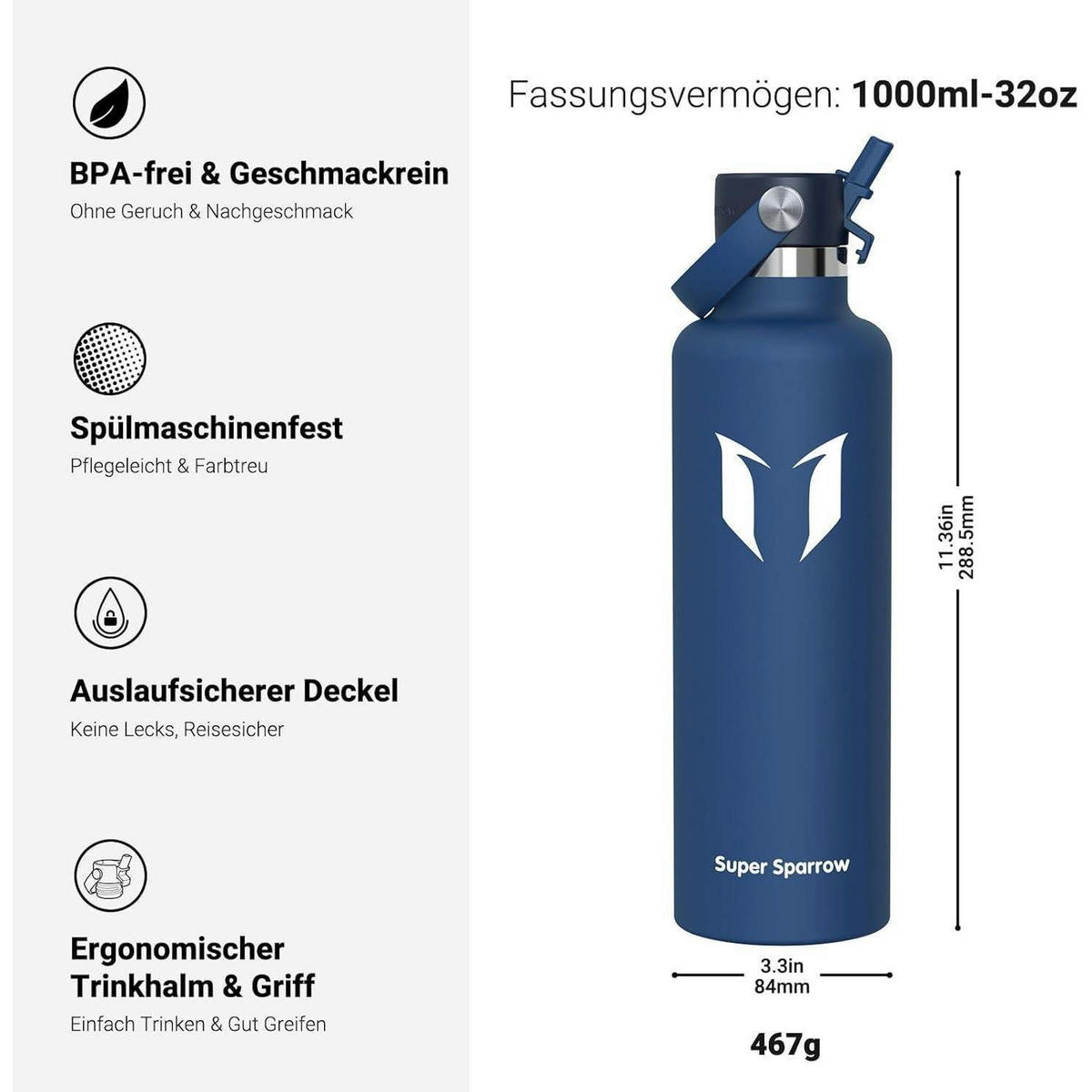 TRINKFLASCHE Edelstahl 1000 ml Blaubeere - Blau, Metall (8.5/8.5cm)