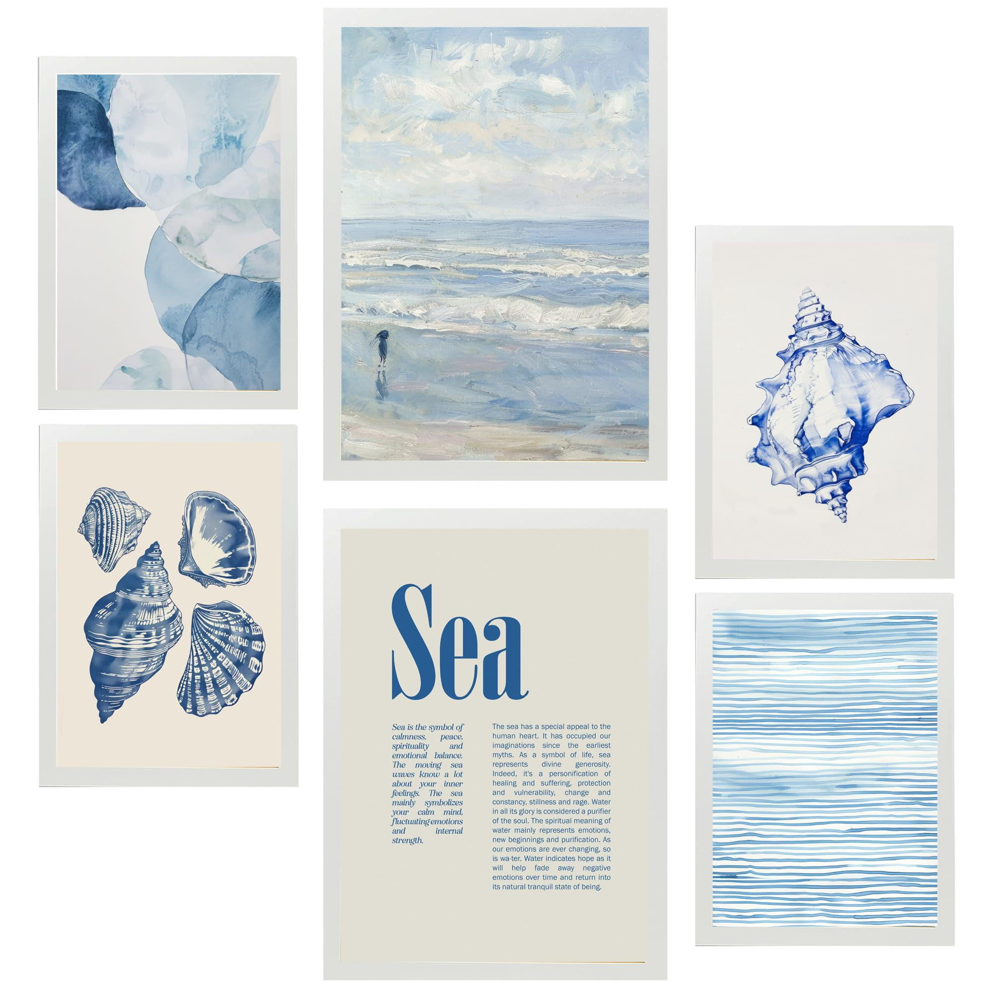 POSTER Set Mit 6 Marine Blau Meer & Sommer A3 & A4 Weißer Rahmen - Weiß, Papier (29/3cm) - Nacnic