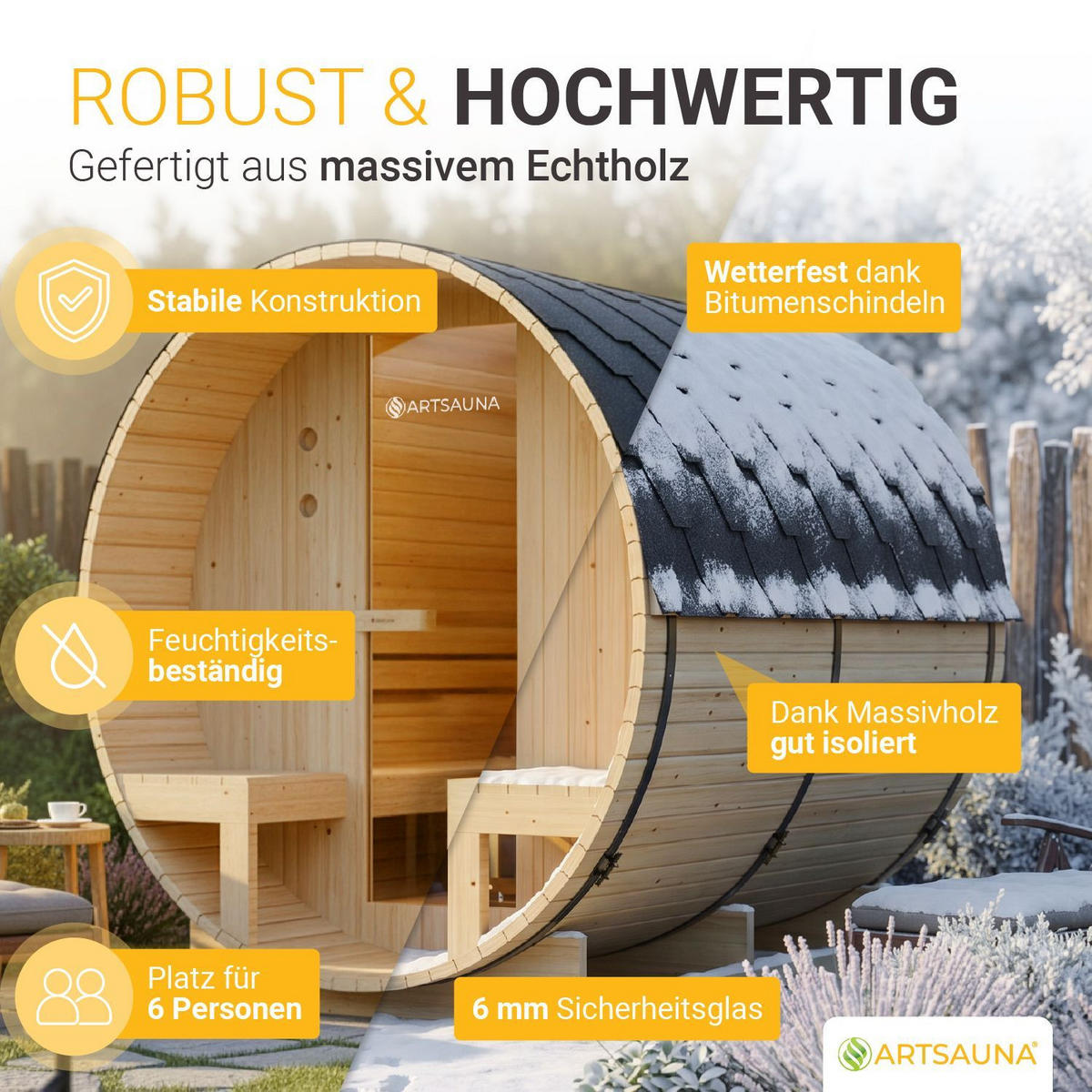 FASSSAUNA Spitzbergen 220 cm mit zwei Bänken (6 Personen) - Naturfarben, Holz (185/190/220cm) - Artsauna