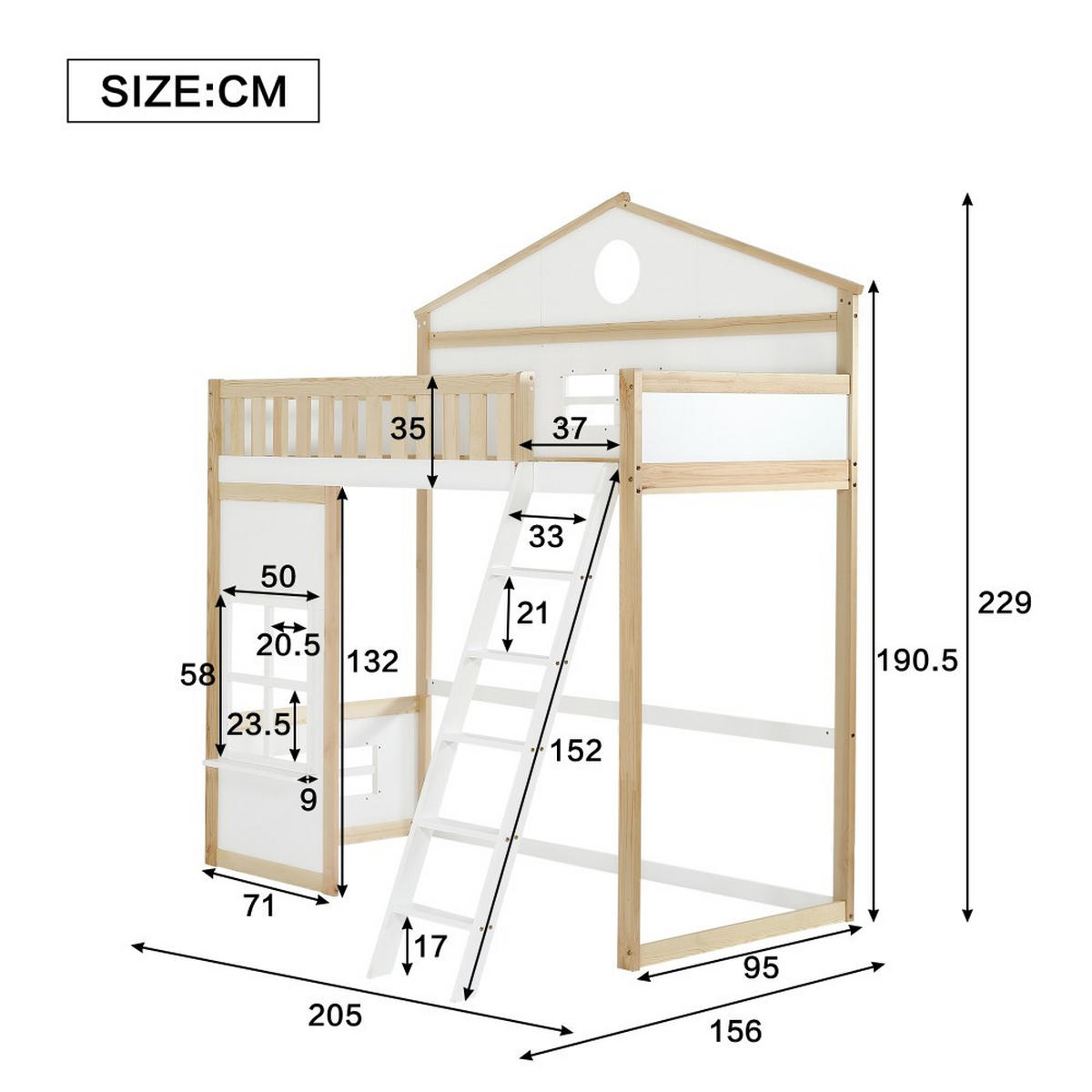 HAUSBETT 90x200cm mit Treppe in Weiß+Natur - Weiß, Holz (90/200cm) - KOMHTOM