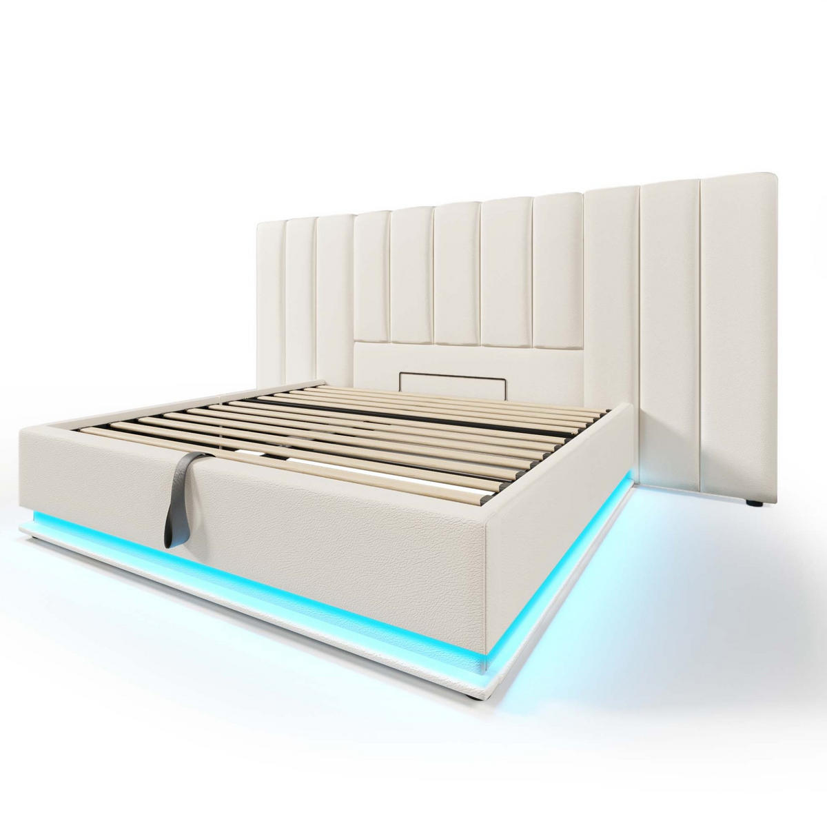 TAPECIRANI krevet 180/200 cm bijeli od PU s LED rasvjetom i USB-C punjenjem - bijela, plastika (180/200cm) - OKWISH