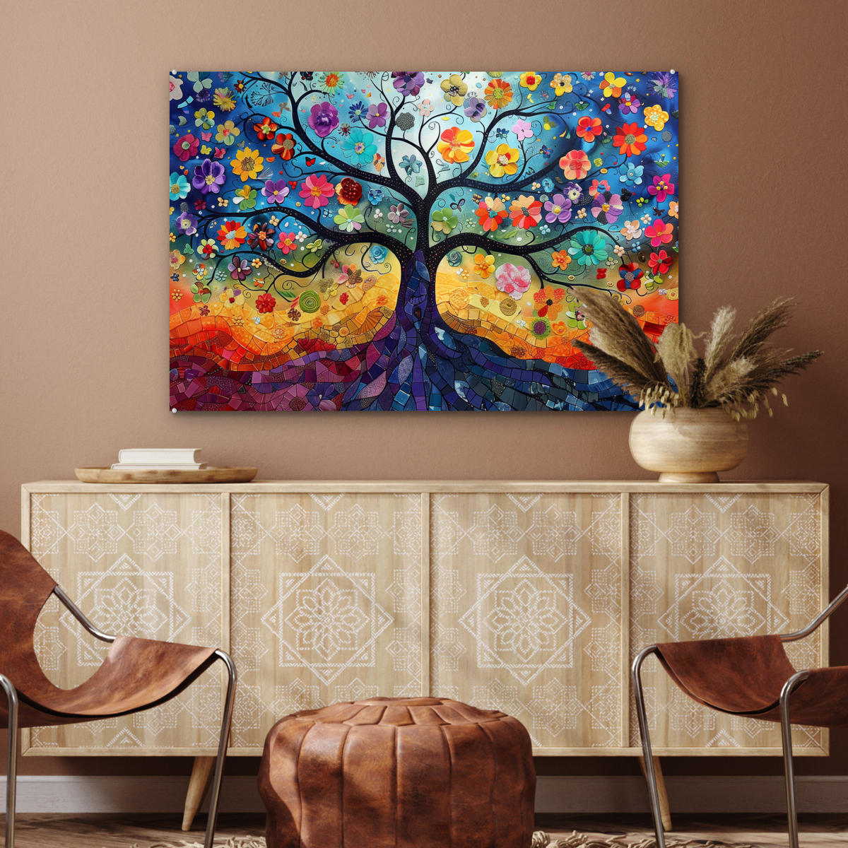 ACRYLGLASBILD Kunst - Baum des Lebens - Blumen - Hippie 90x60 cm - Dunkelblau, Glas (90/60cm) - MuchoWow