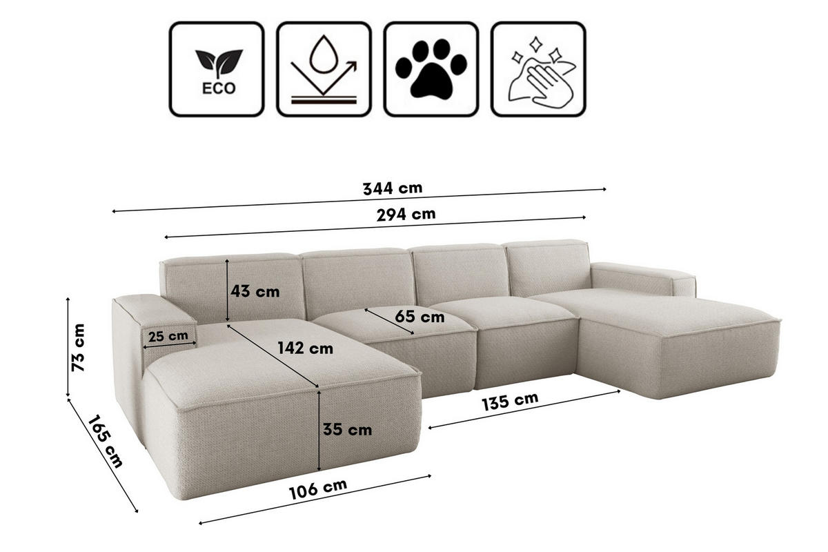 ECKSOFA U-Form Siena mit Stoff Artico Nata - Ecru, Holz (344/165cm) - Kaiser Möbel