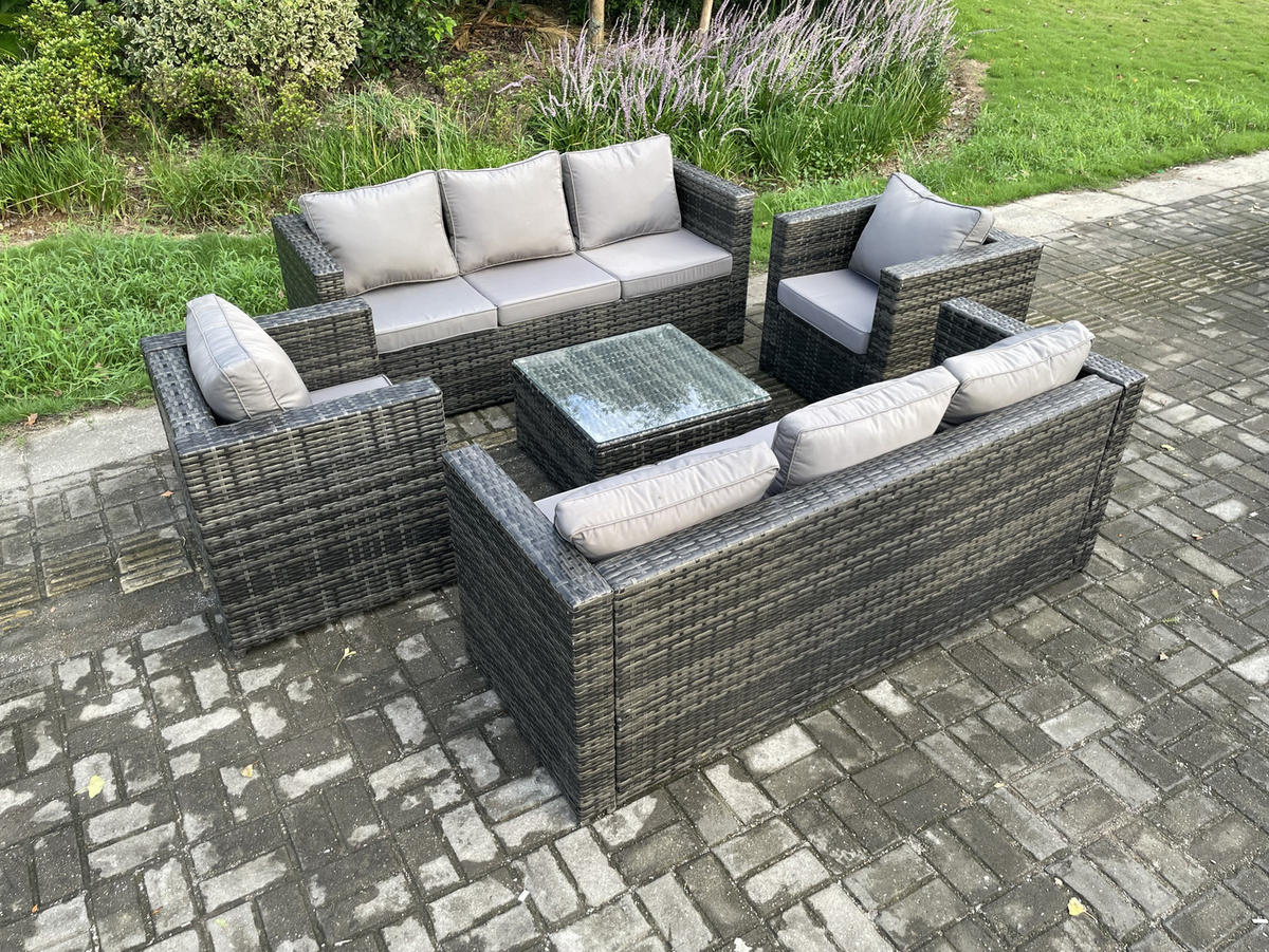 GARTENTISCHGRUPPE Polyrattan 8-Sitzer - Dunkelgrau, Metall - Fimous