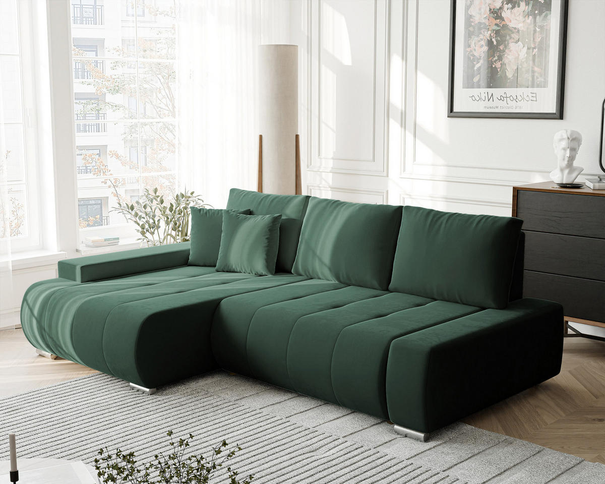 ECKSOFA NIKO Links, mit Schlaffunktion und Bettkasten, Grün - Grün, Textil (227/153cm) - Idohome