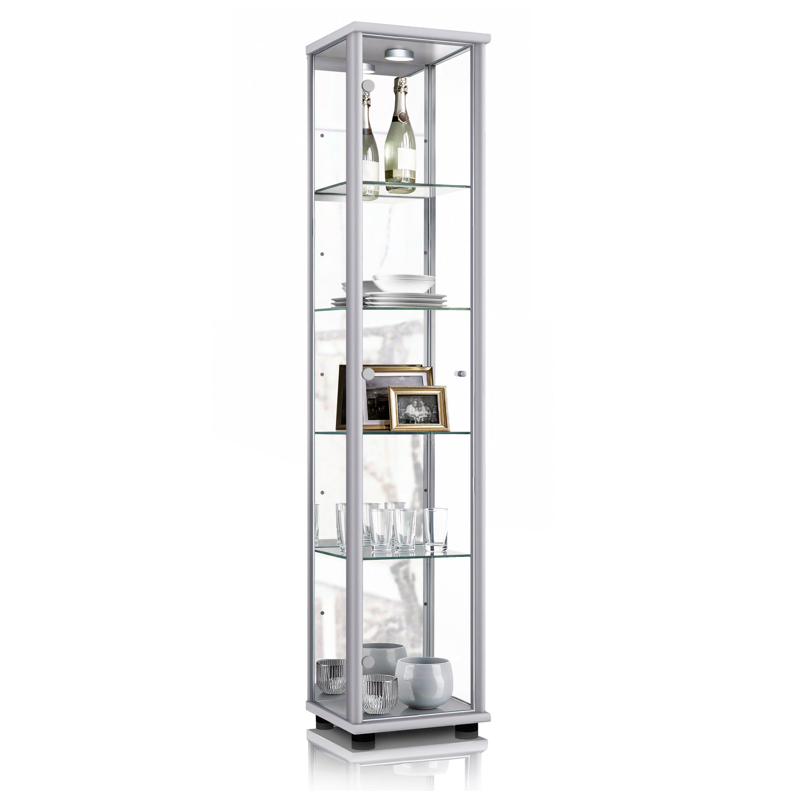 GLASVITRINE 33/37/176 cm mit Spiegel, LED & 4 höhenverstellbaren Glasböden - Transparent/Silberfarben, Glas/Holzwerkstoff (37/176/33cm) - K-Möbel