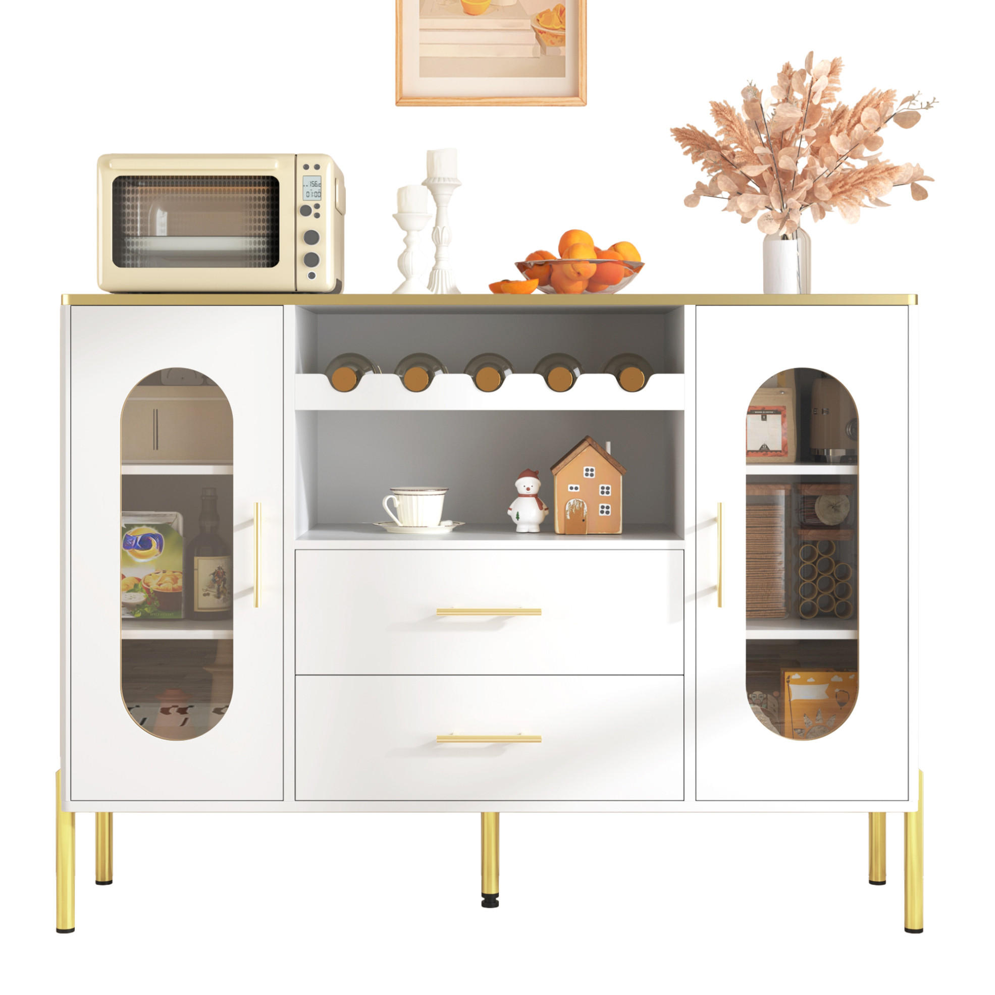 SIDEBOARD 120/38/90 cm Weiß aus MDF mit Glasfronten und Weinregal - Weiß, Holzwerkstoff (120/90/38cm) - OKWISH