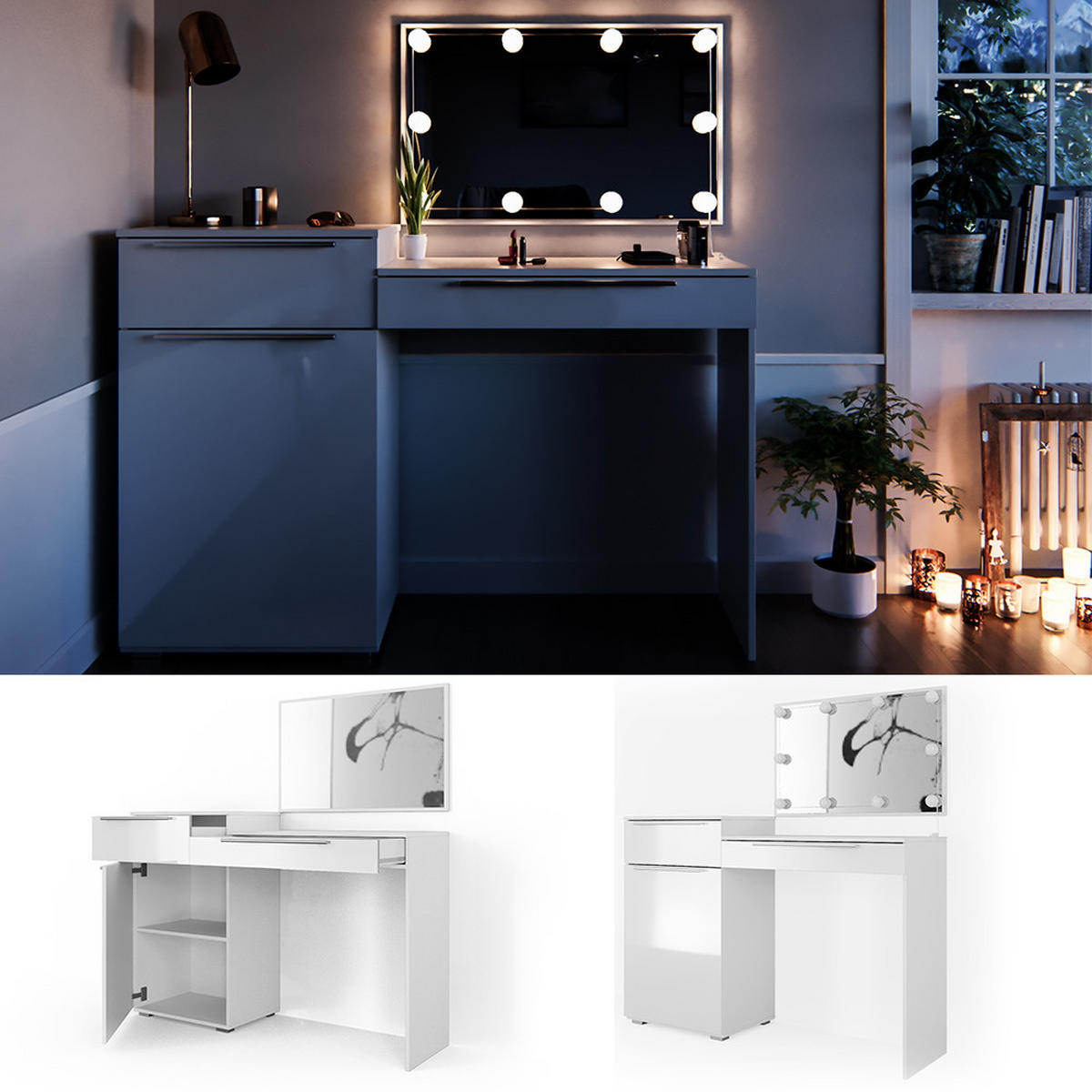 SCHMINKTISCH Lilli Weiß 135 cm mit LED Beleuchtung - Weiß, Holzwerkstoff (135/90/39cm) - Vicco