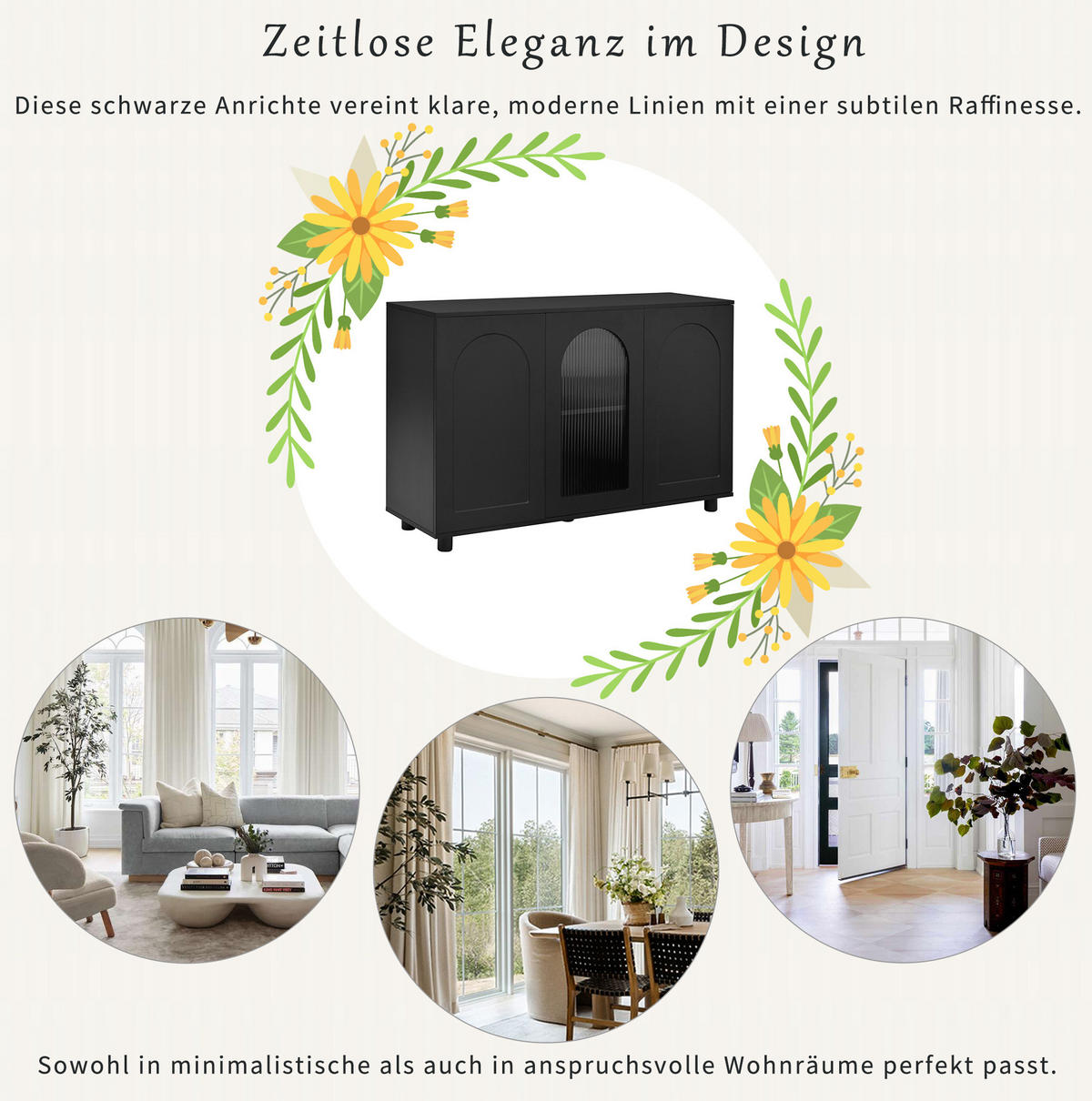 SIDEBOARD aus MDF 120x40x78 cm Schwarz mit Glaseinsatz, verstellbaren Einlegeböden und Push-to-Open-Mechanismus - Schwarz, Holzwerkstoff (120/78.5/40cm) - Modfu