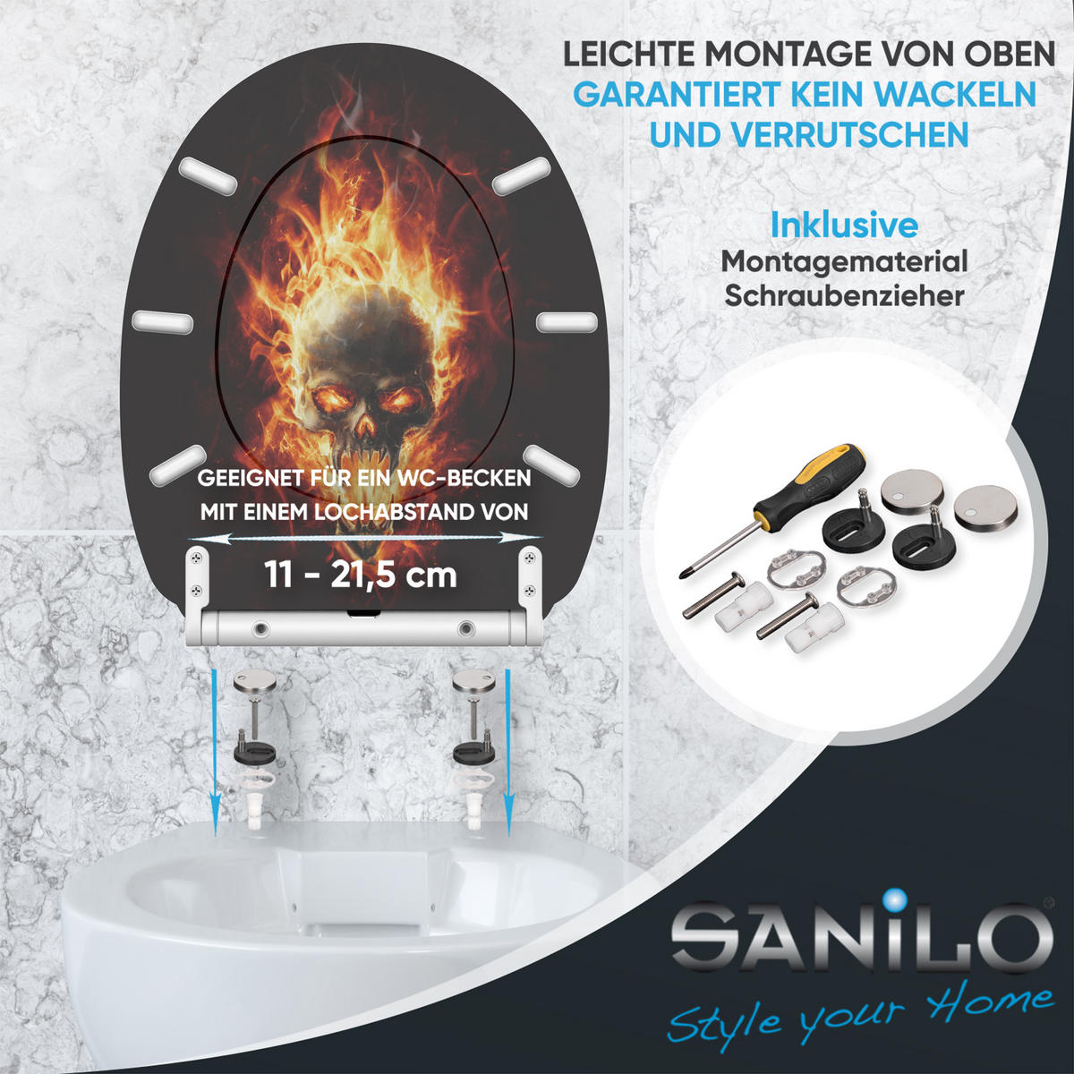 WC-SITZ mit Absenkautomatik & Top Fix Totenkopf - Schwarz, Holzwerkstoff (37.7/5.5/48cm) - Sanilo