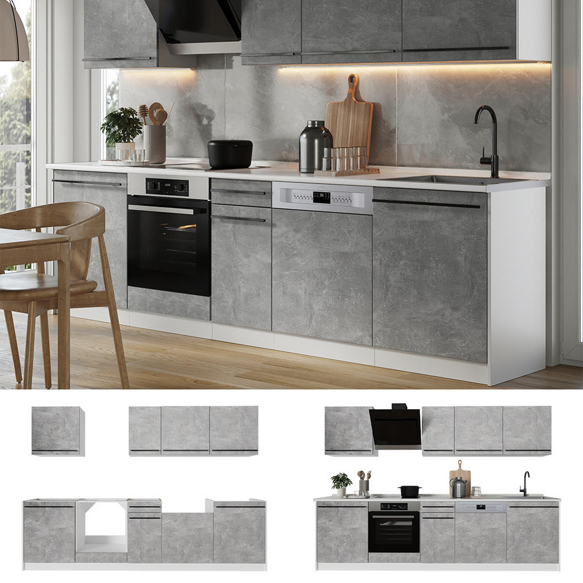 KUCHYŇSKÝ KOUT R-Line, Beton/Bílá, 280 cm bez pracovní desky - šedá/bílá, kompozitní dřevo (280/206.8/46cm) - Vicco