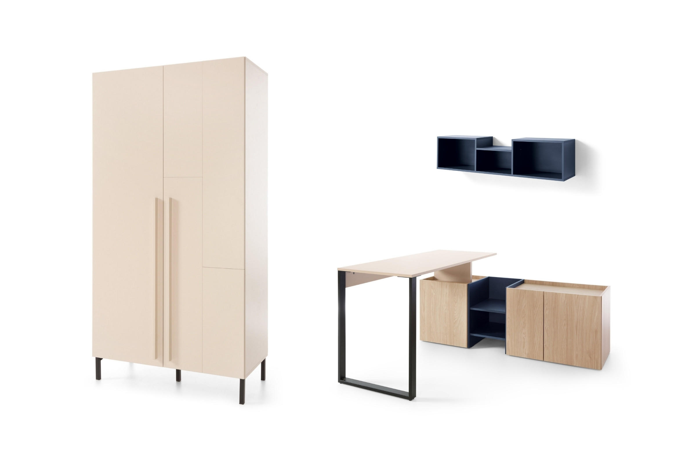 JUGENDZIMMER-SET SORENTO C 3-teilig in Sandbeige/Geölte Eiche/Royalblau - Eichefarben/Beige, Holzwerkstoff (349/195/135cm) - Deine Möbel 24