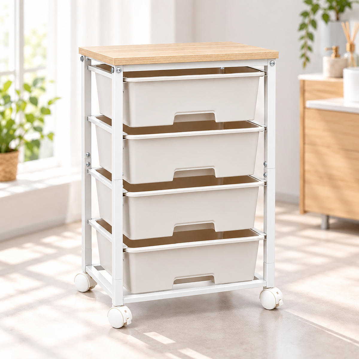 ROLLWAGEN Weiß 4 Kunststoffschubladen 77x39x29 cm - Weiß, Holzwerkstoff/Kunststoff (38.5/77/28.5cm) - Relaxdays