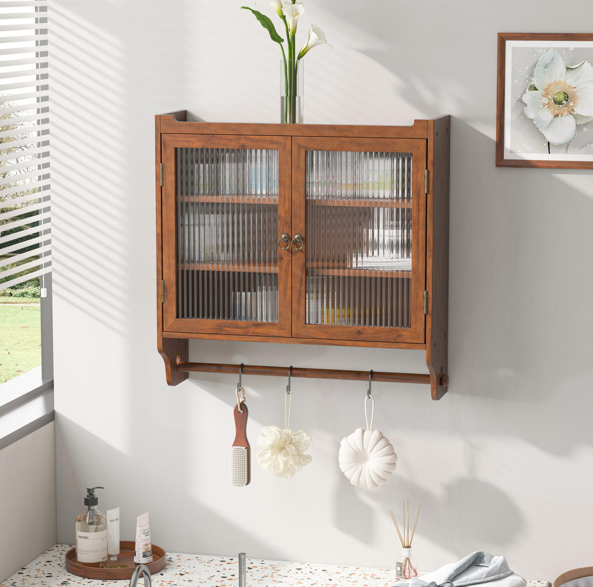 KÜCHENOBERSCHRANK 63/18/60 cm mit Glastüren, 3 Ablagen und Handtuchhalter aus Massivholz/MDF, Braun - Braun, Holzwerkstoff (63/60/18cm) - Redom