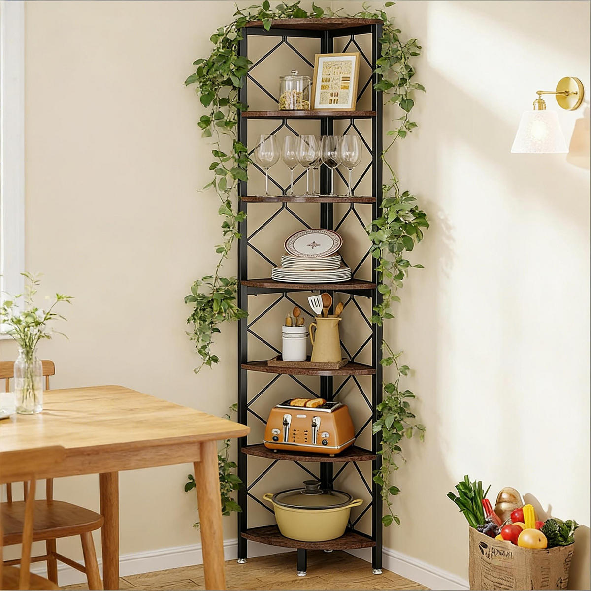 BÜCHERREGAL Schwarz/Braun 7 Ebenen Eckregal 35/35/200 cm - Schwarz, Metall (35/200/35cm) - PANGIVO