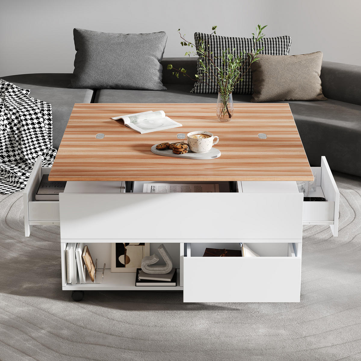 COUCHTISCH 100/50/52 cm weiß mit 4 Rollen und 4 Schubladen höhenverstellbar - Weiß, Holzwerkstoff (100/50/52cm) - OKWISH